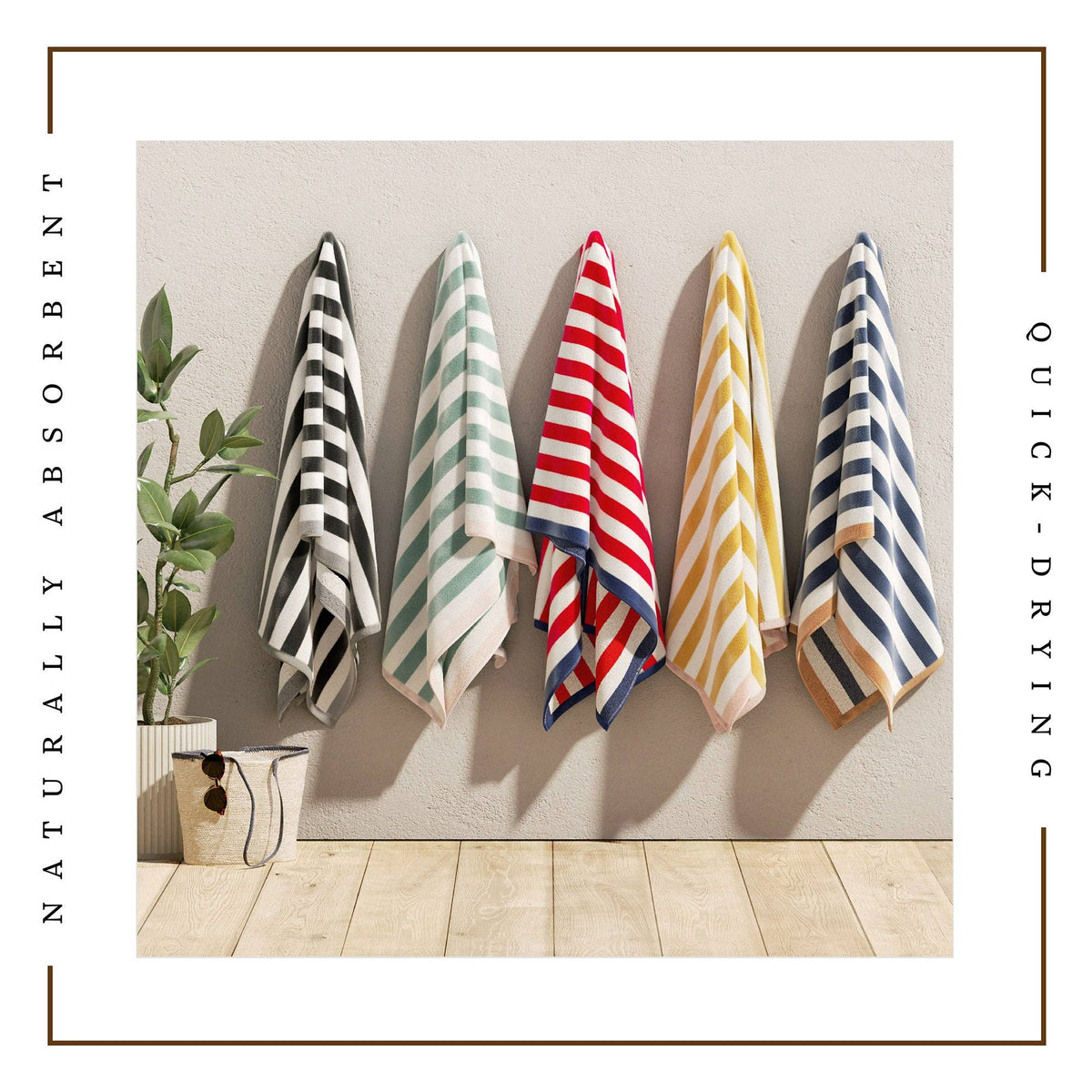 Oversized striped border Santa Cruz beach towel by BH Collective, featuring colorful horizontal stripes and soft cotton fabric.