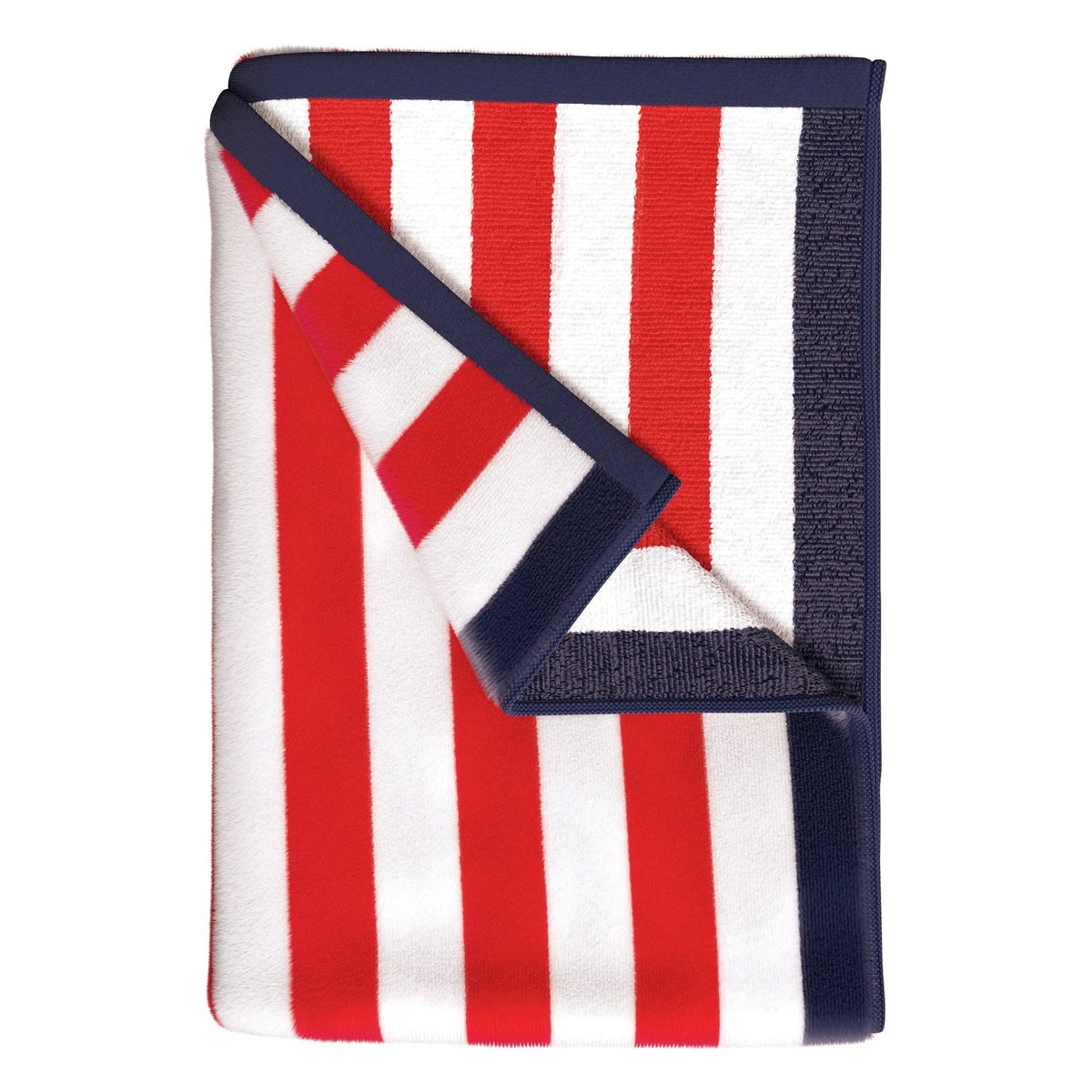 Oversized striped border Santa Cruz beach towel by BH Collective, shown spread out with vibrant colors and soft terry fabric.