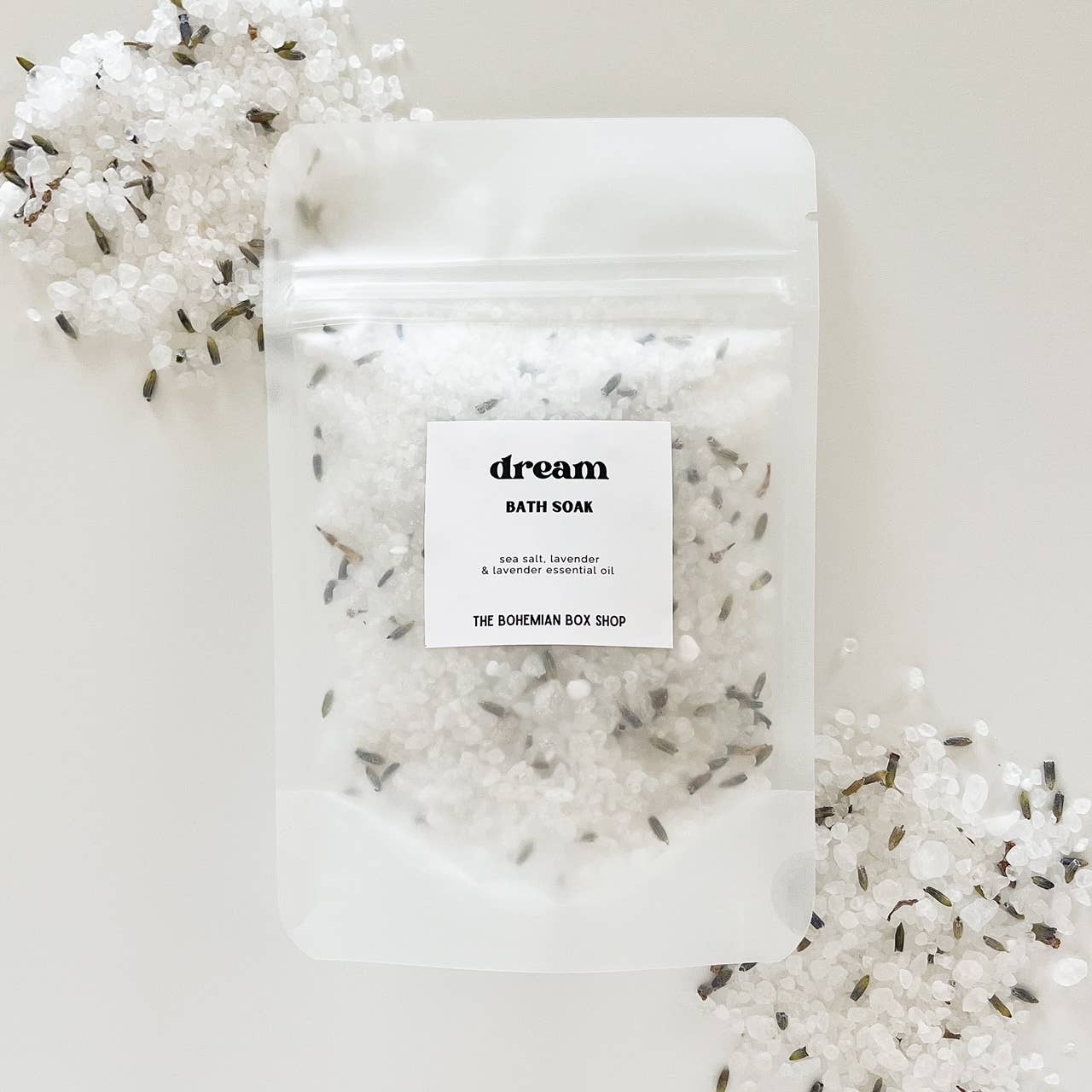 Bohemian Box Shop Dream Bath Soak packet with 2oz or 4oz of relaxing bath salts on a neutral background.
