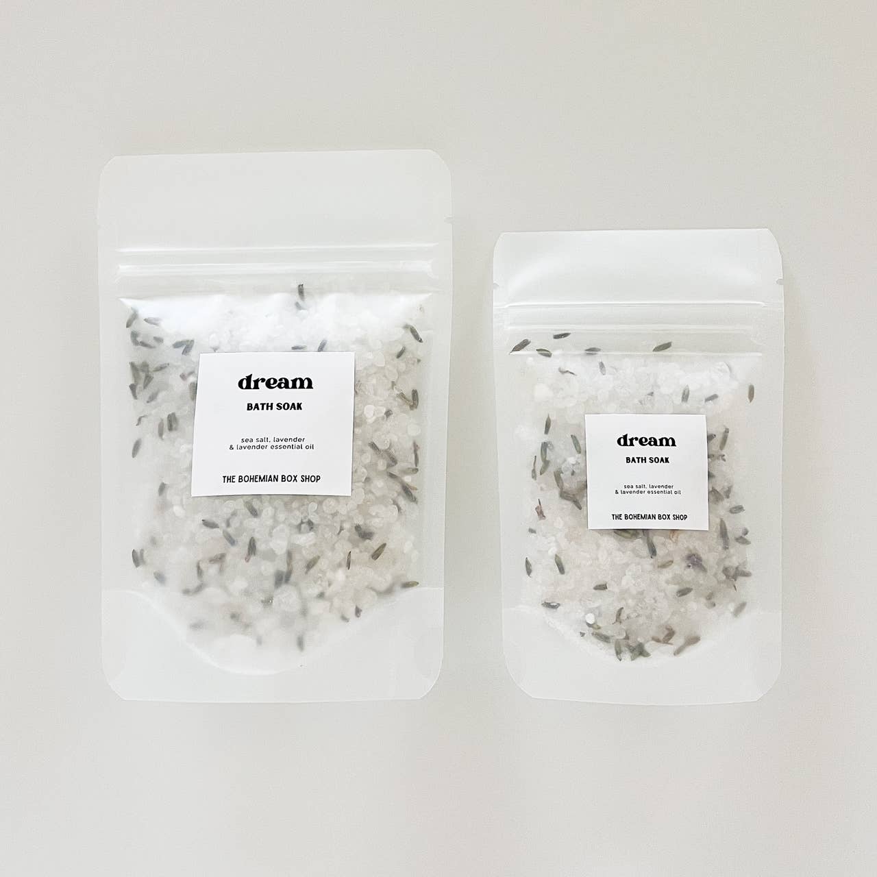 Bohemian Box Shop Dream Bath Soak packet with 2oz or 4oz of aromatic bath salts in a colorful packet.