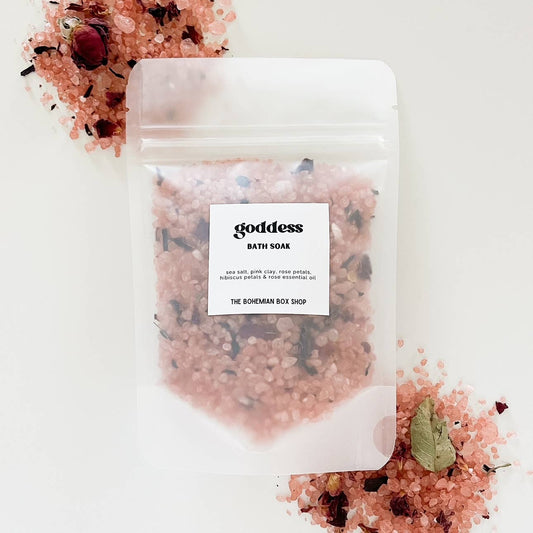 Bohemian Box Shop Goddess Bath Soak packet with 2oz or 4oz bath salts, featuring herbal and floral ingredients in a colorful packet.