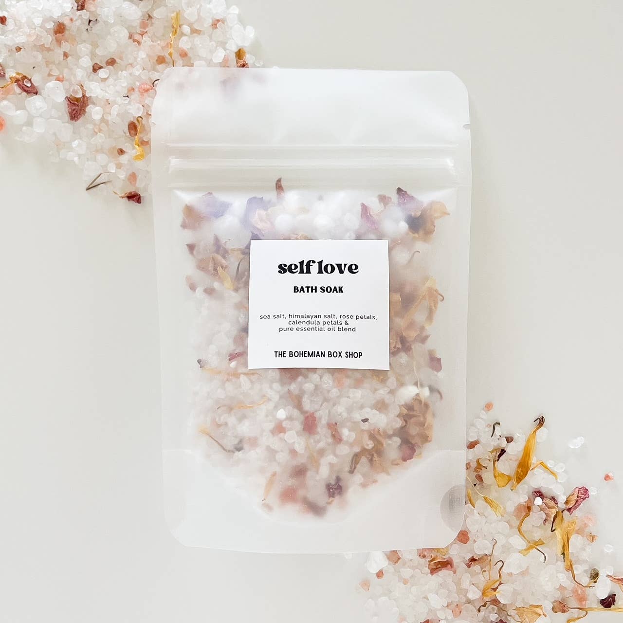 Bohemian Box Shop Self Love Bath Soak in 2oz or 4oz jar with colorful label, includes bath salts for relaxing self-care.