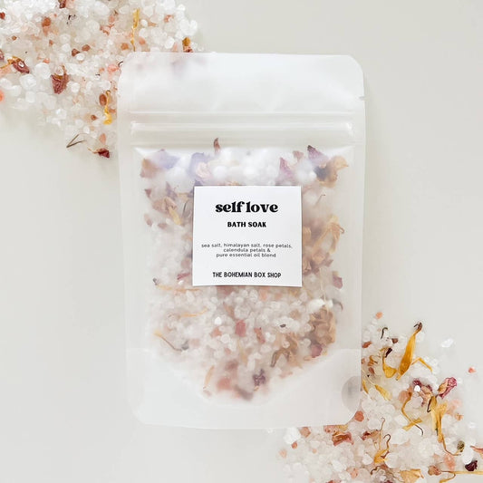 Bohemian Box Shop Self Love Bath Soak in 2oz or 4oz jar with colorful label, includes bath salts for relaxing self-care.