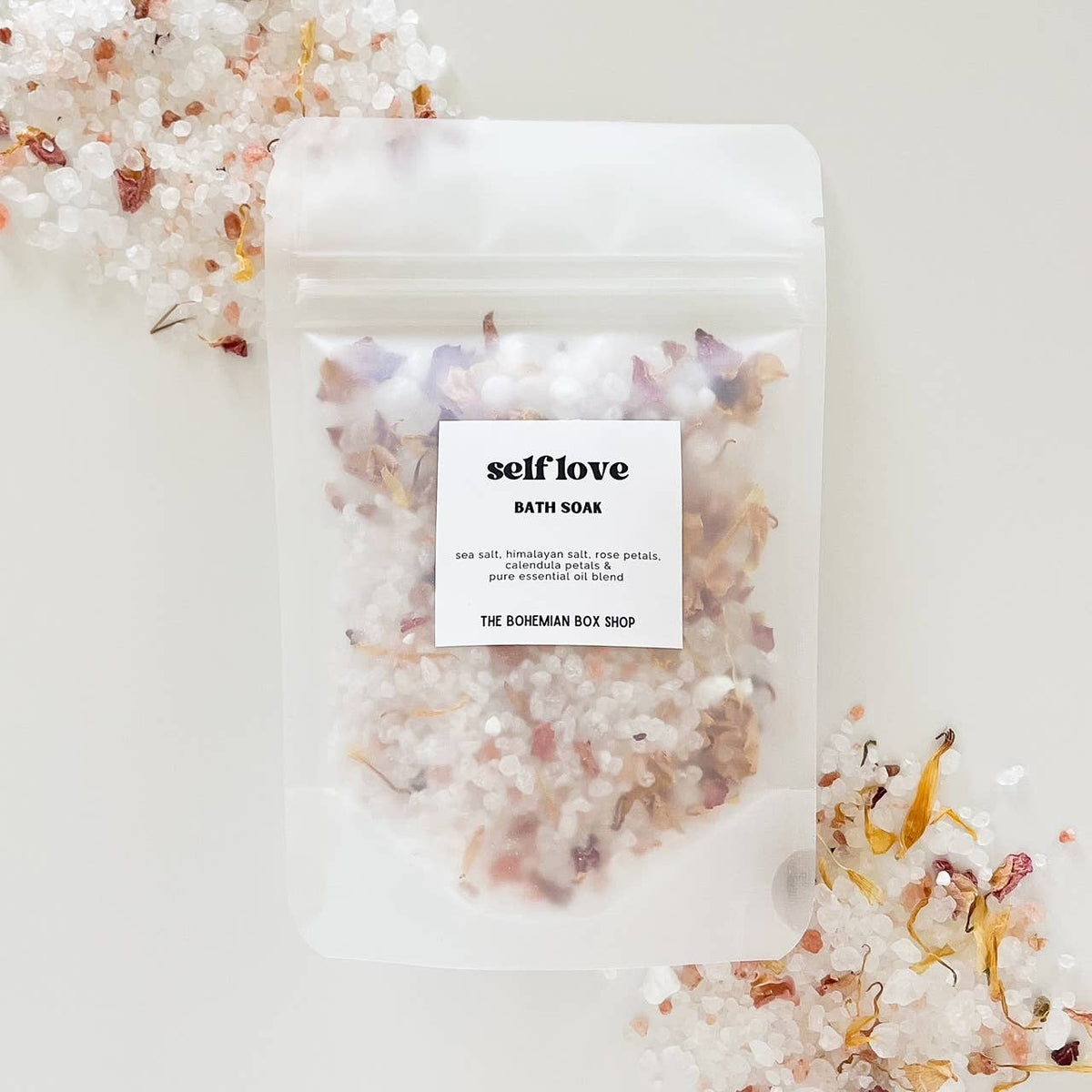 Bohemian Box Shop Self Love Bath Soak in 2oz or 4oz jar with colorful bath salts and natural ingredients.