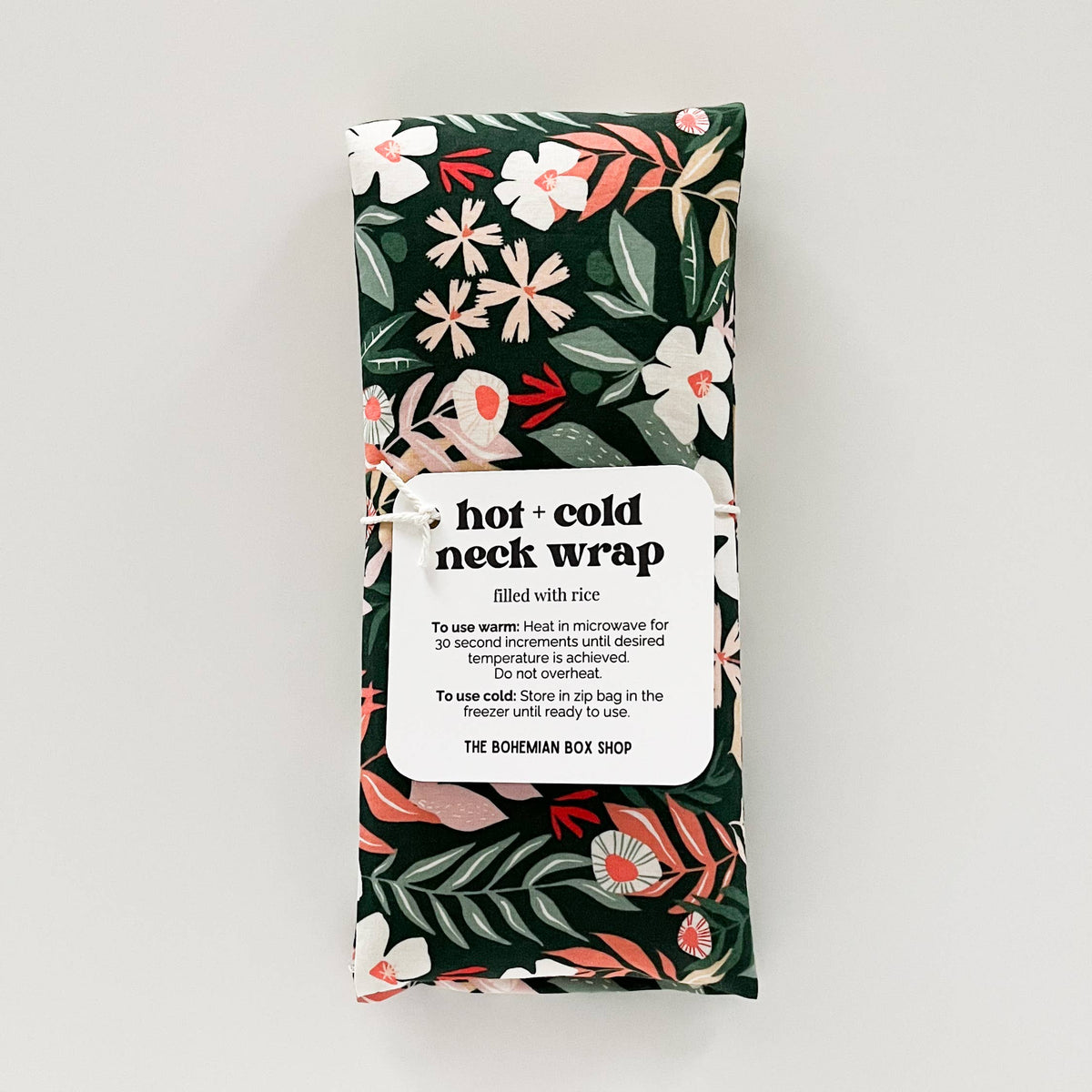 Bohemian Box Shop Hot & Cold Therapy Neck Wrap featuring floral patterns and soft fabric for soothing neck relief.