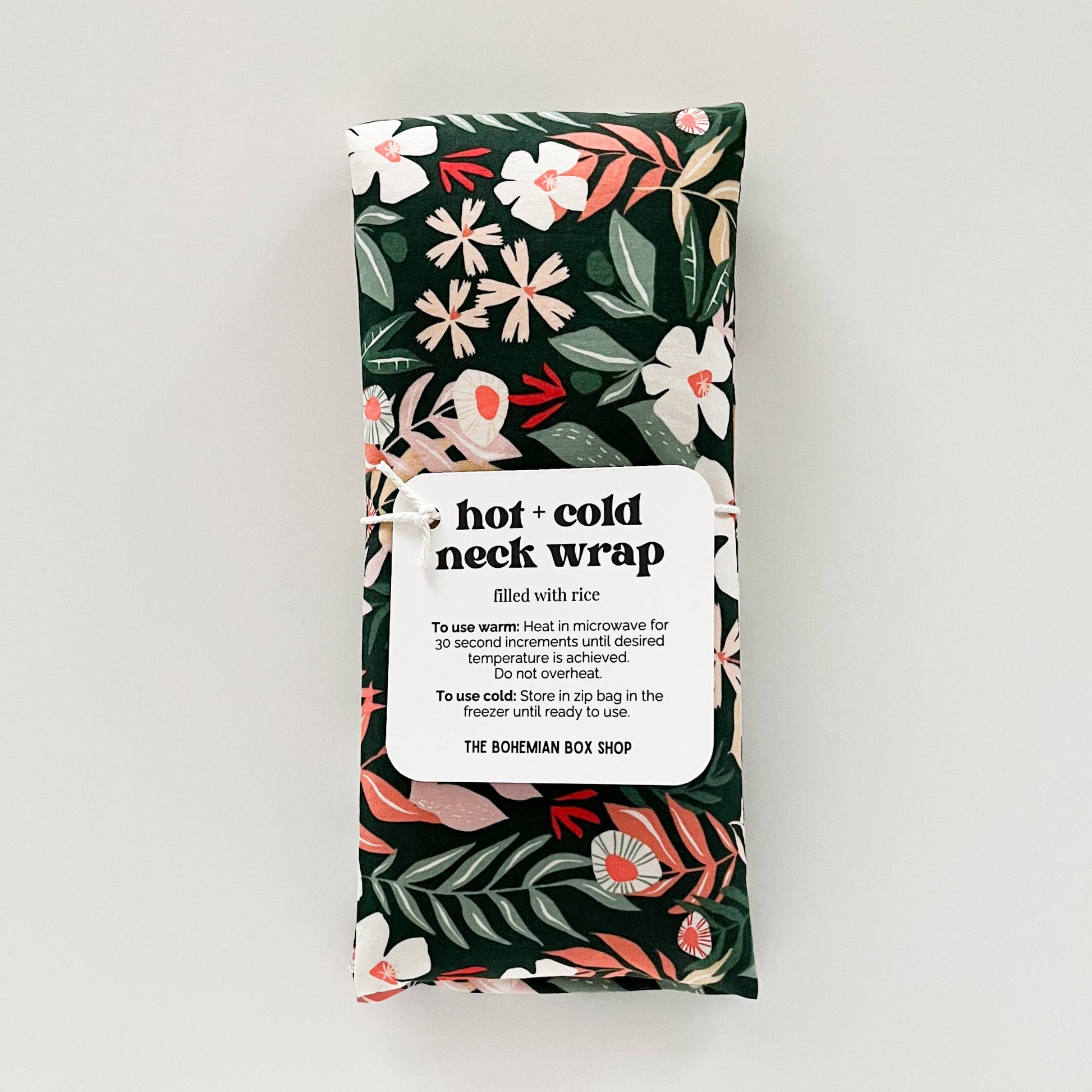 Bohemian Box Shop hot & cold therapy neck wrap with floral Fields of May design, soft fabric, and adjustable fit.