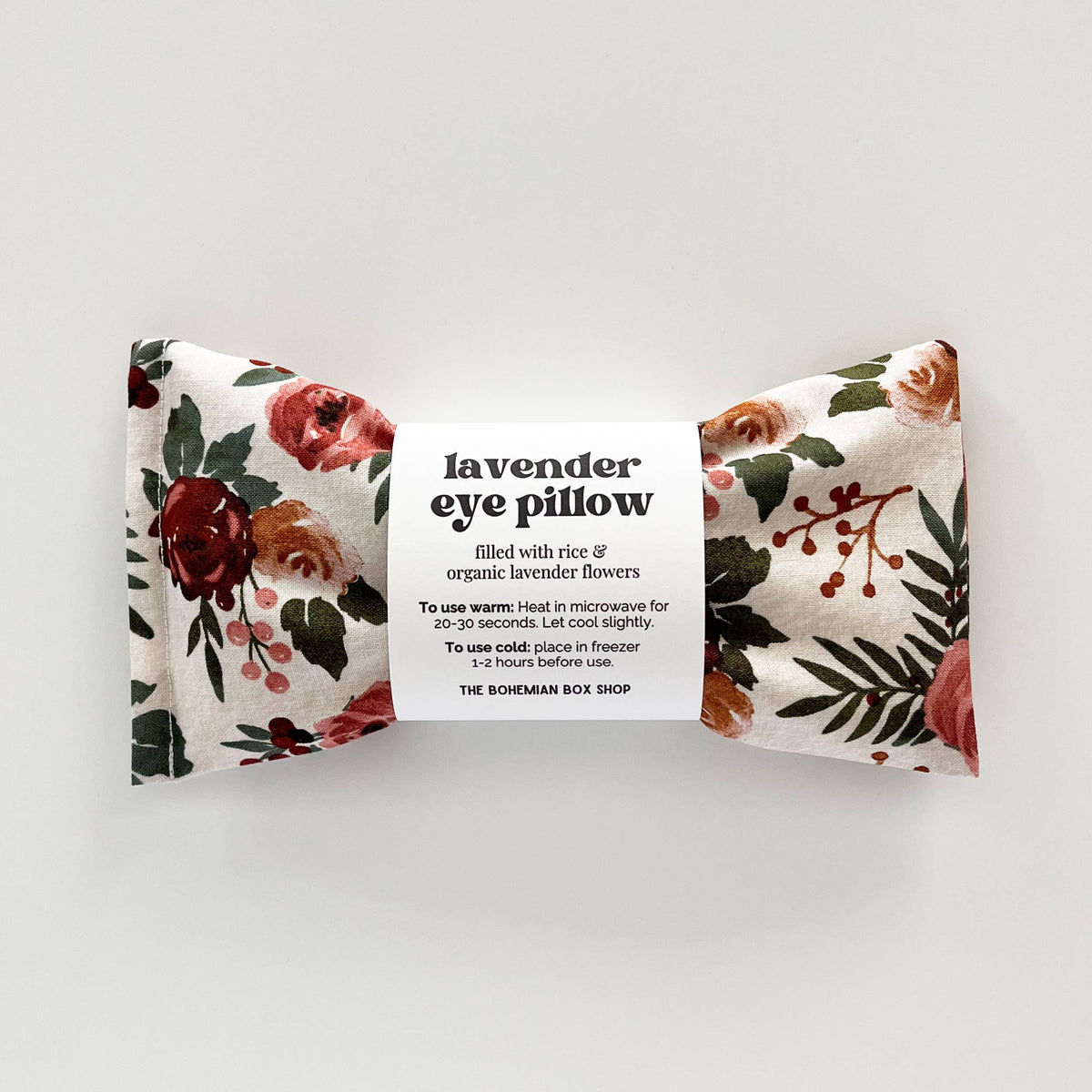 Lavender eye pillow in autumn rose color from Bohemian Box Shop, showing a soft, fabric-covered pillow with lavender scent.