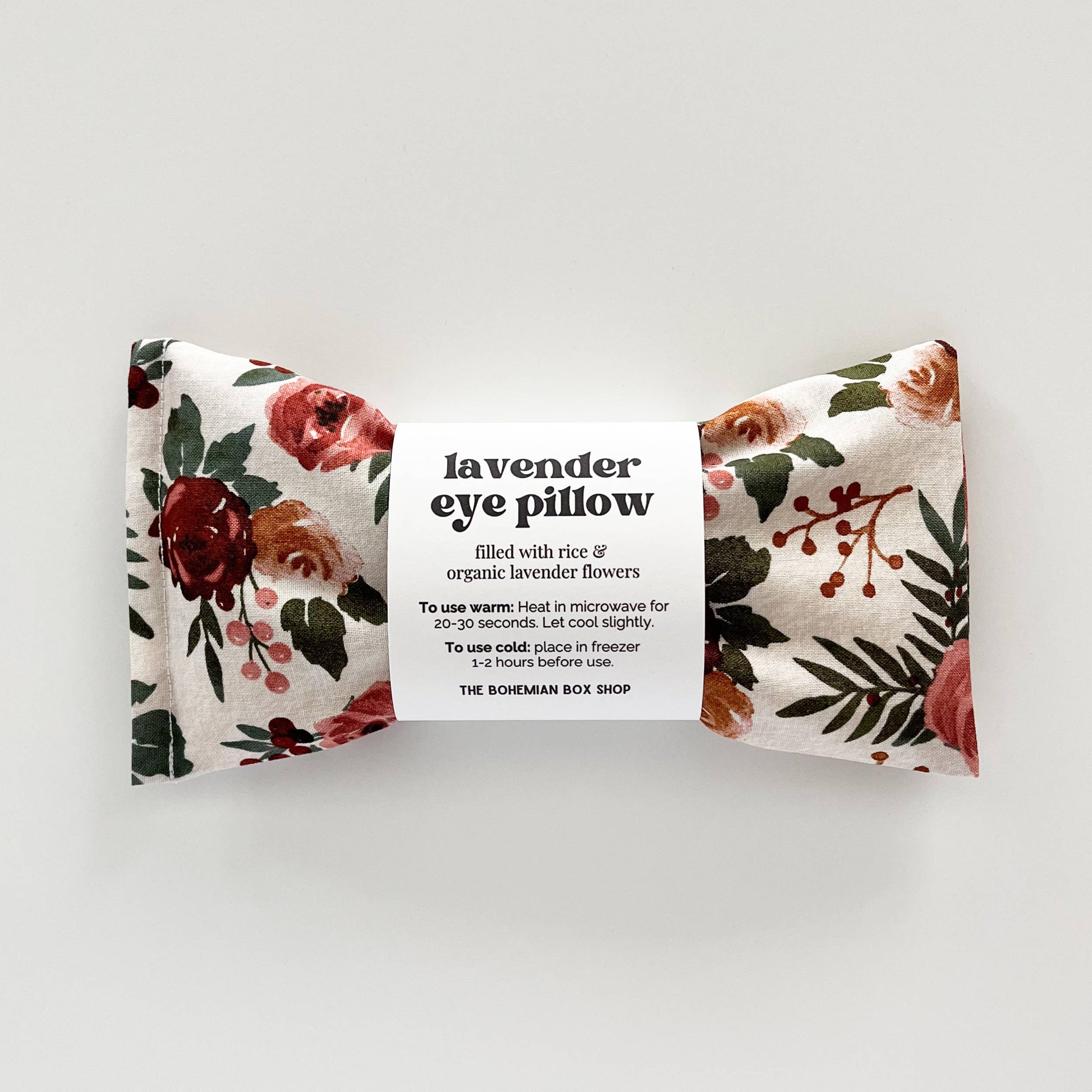 Lavender eye pillow in autumn rose color from Bohemian Box Shop, showing a soft, fabric-covered pillow with lavender scent.