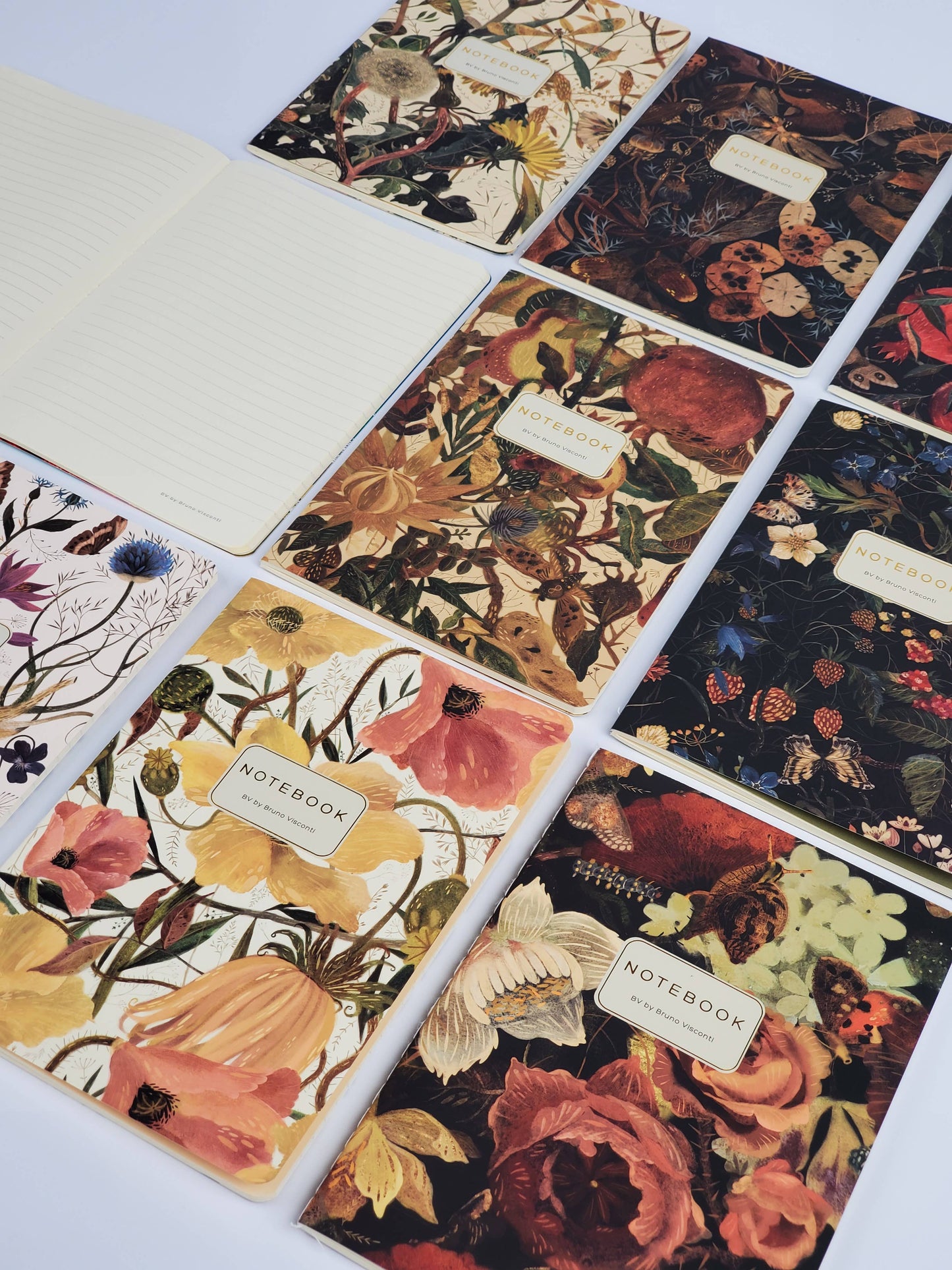 Lush Bouquet Notebook by BV Bruno Visconti featuring a colorful floral cover design and lined pages for writing.