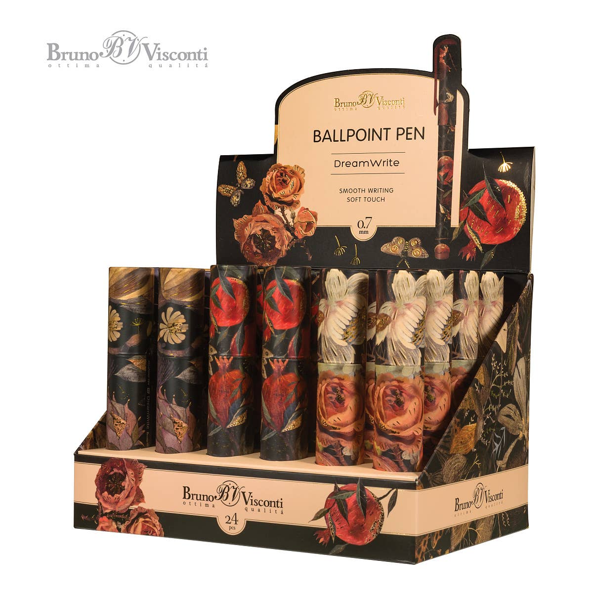 BV Bruno Visconti DreamWrite Lush Flora Series pen tube with vibrant floral design and elegant gold accents.
