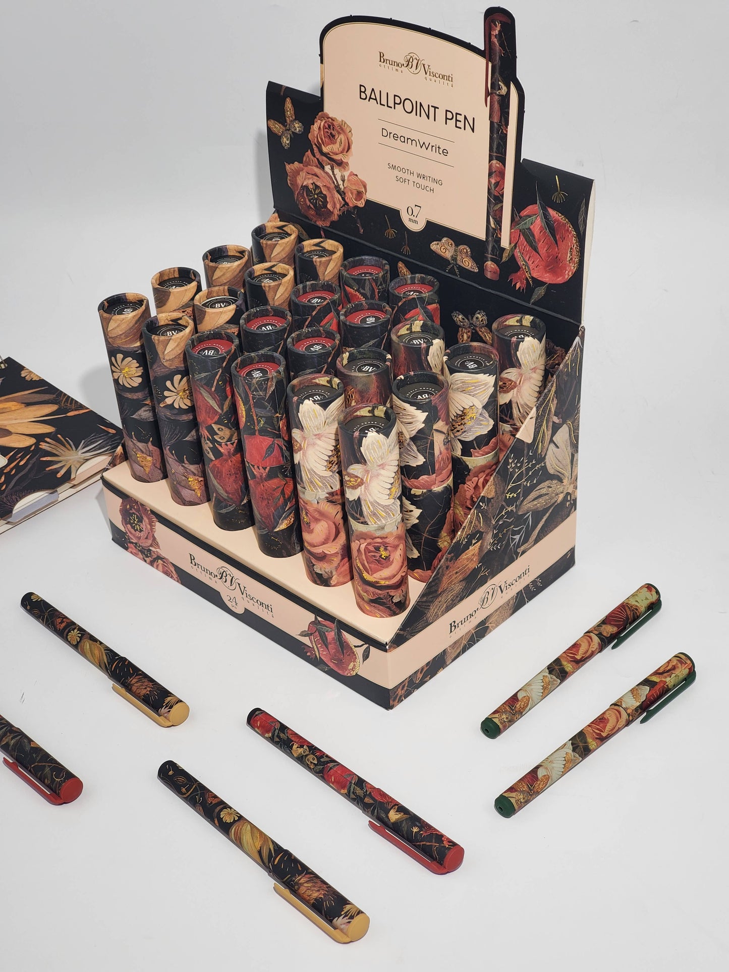 DreamWrite Lush Flora Series pen tube by BV Bruno Visconti, featuring a vibrant floral design in a sleek, decorative pen holder.