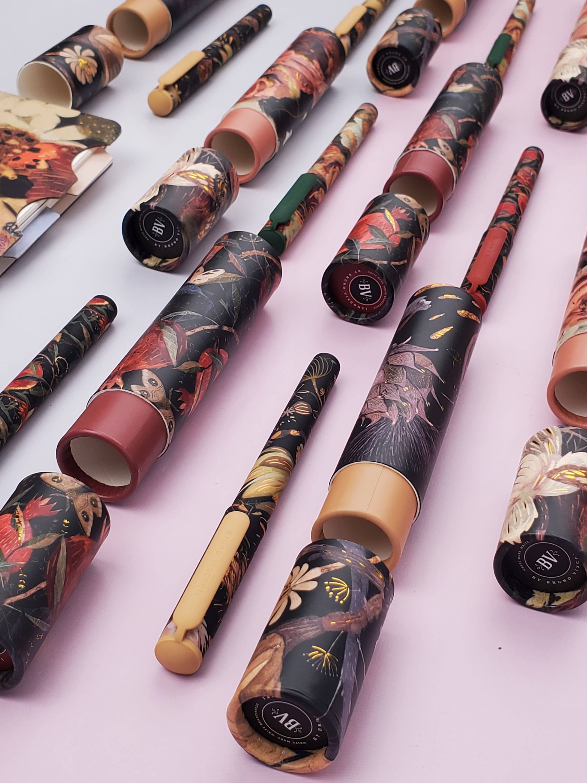 BV Bruno Visconti DreamWrite Lush Flora Series pen tube with vibrant floral design, showcasing elegant pen case with colorful botanical pattern.