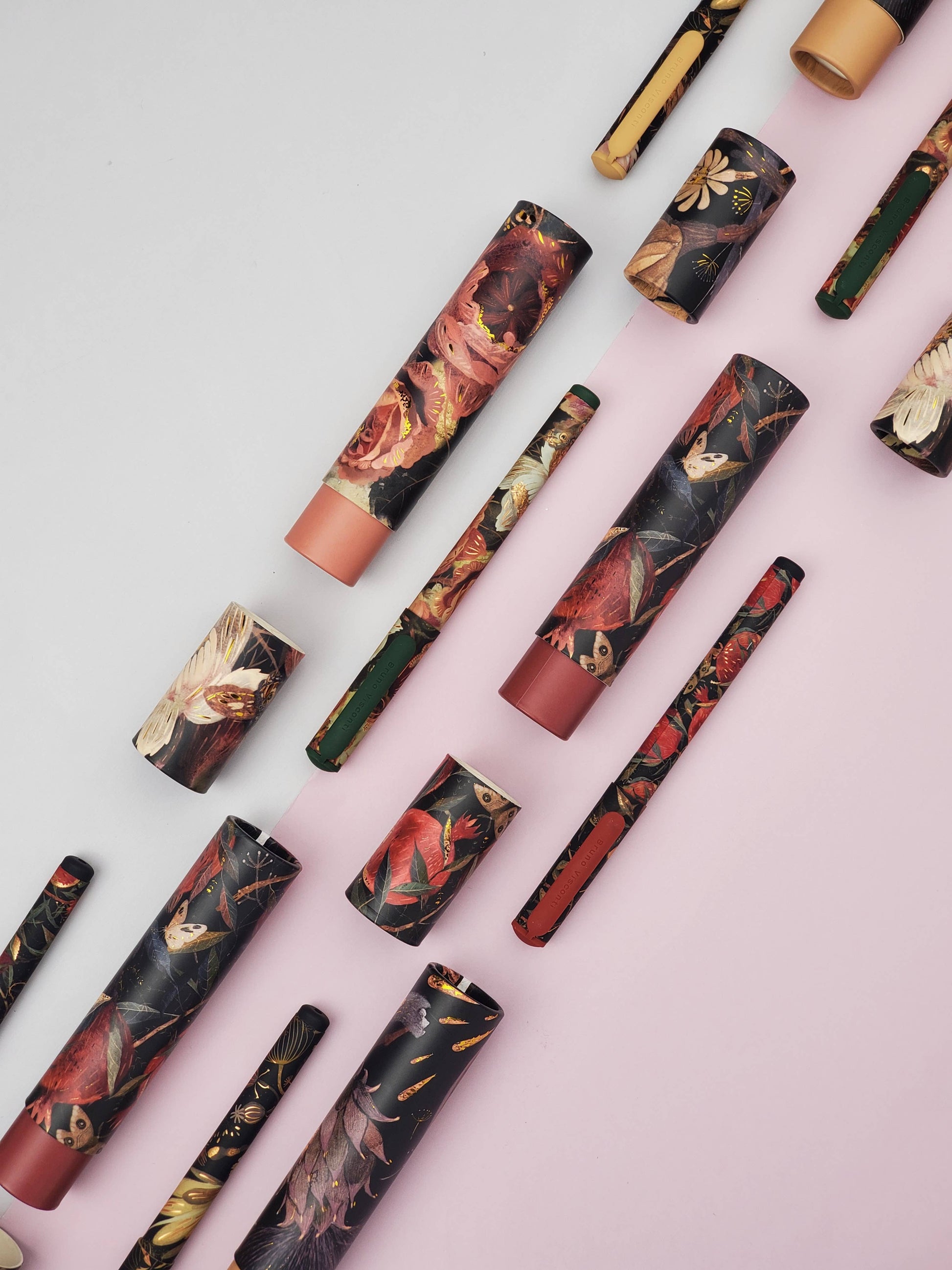 BV Bruno Visconti DreamWrite Lush Flora Series pen tube with vibrant floral design and sleek gold accents.