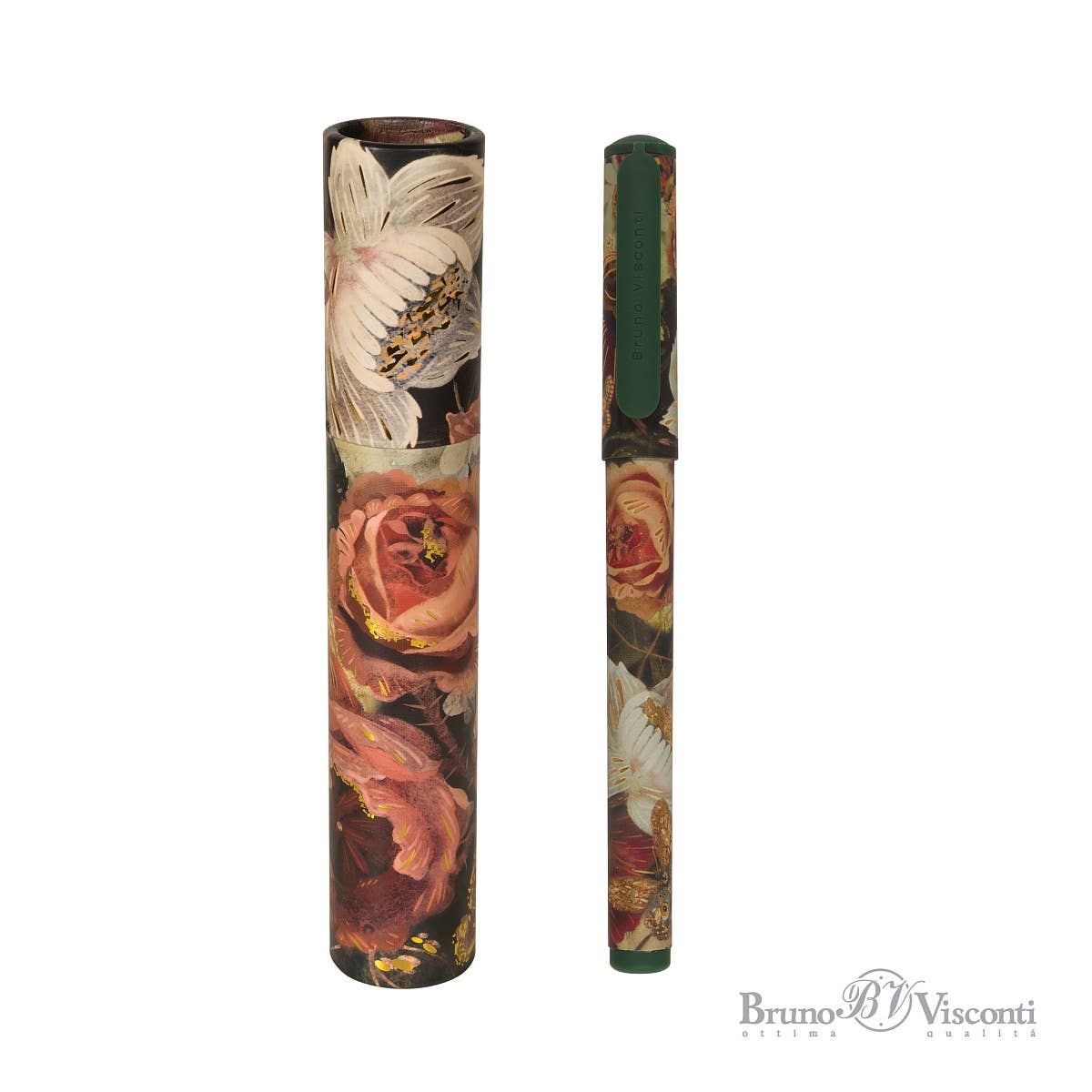 DreamWrite Lush Flora Series pen tube by BV Bruno Visconti, featuring a detailed floral design on a sleek, cylindrical writing accessory.