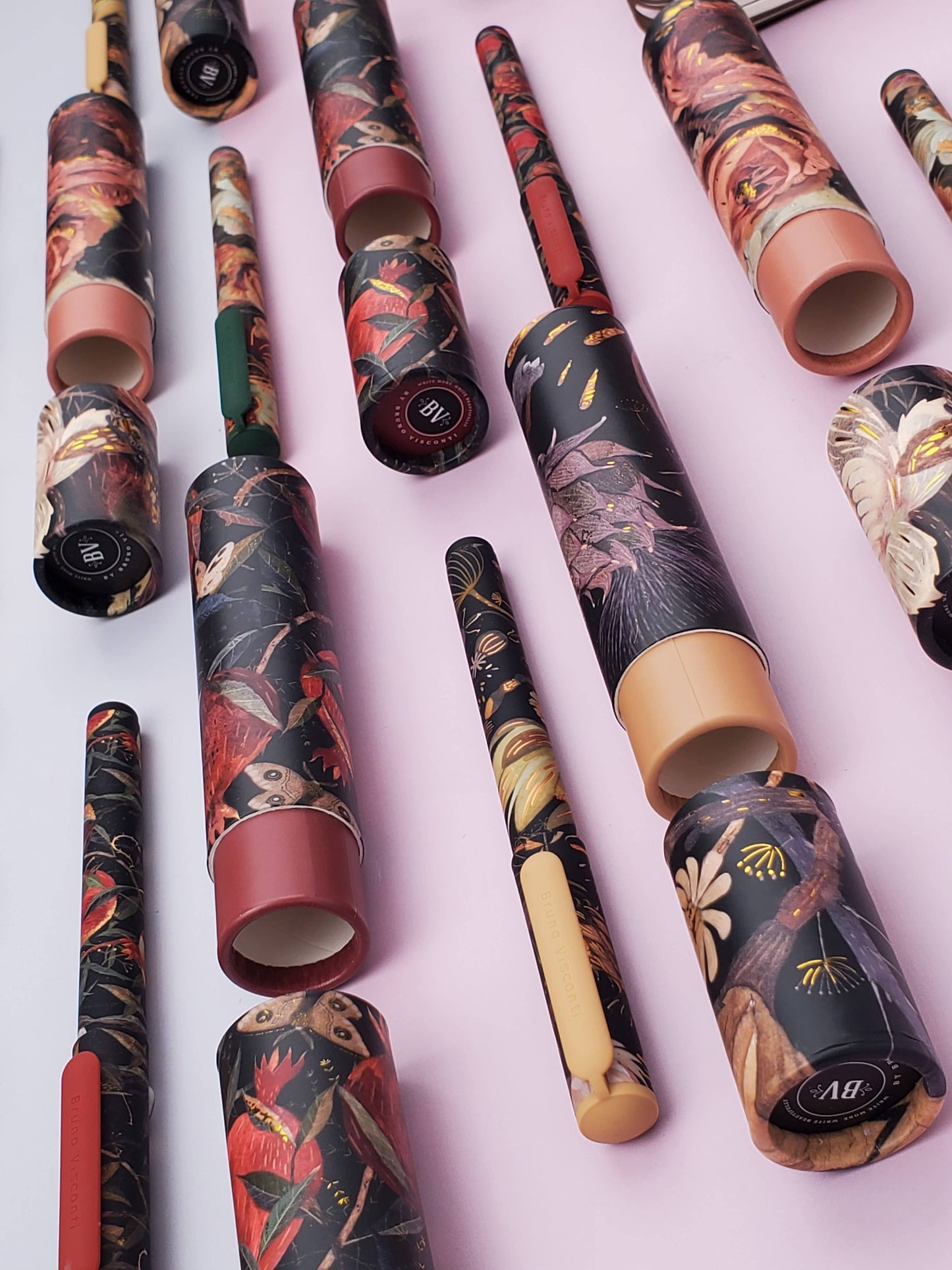 DreamWrite Lush Flora Series Pen Tube by BV Bruno Visconti, shown in a vibrant floral design with sleek metal accents.