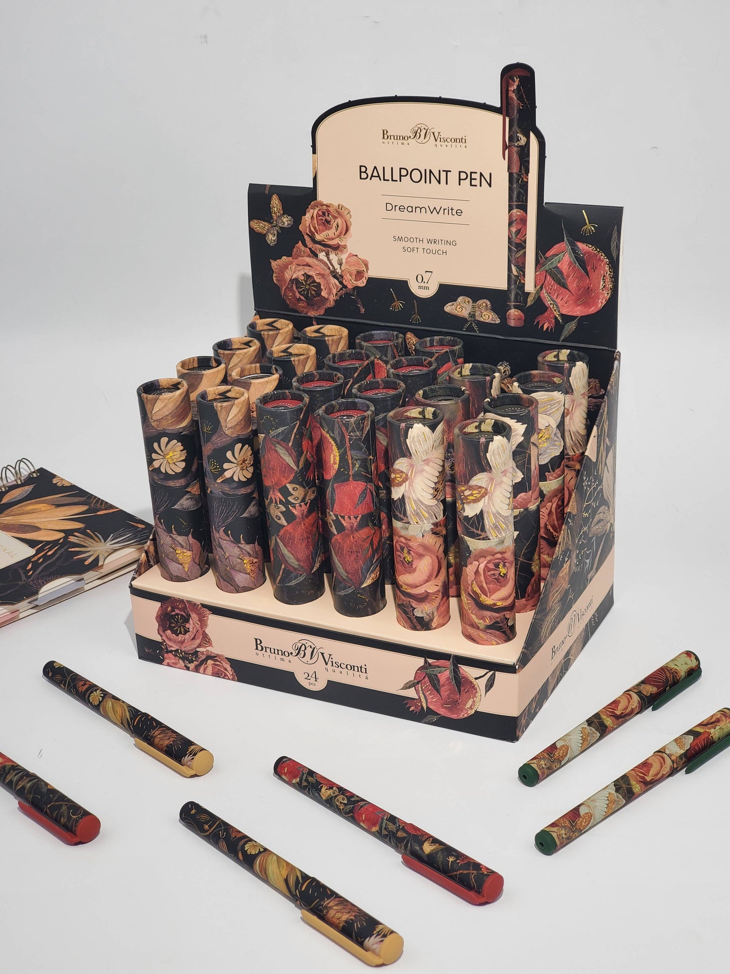 DreamWrite Lush Flora Series pen tube by BV Bruno Visconti, featuring vibrant floral design on sleek cylindrical packaging.