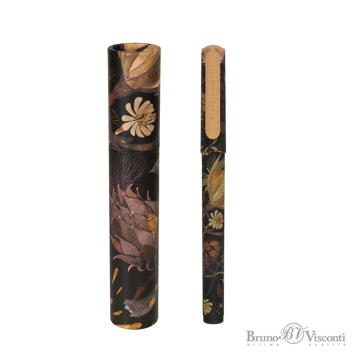 DreamWrite Lush Flora Series pen tube by BV Bruno Visconti, featuring a vibrant floral design on a sleek cylindrical case.