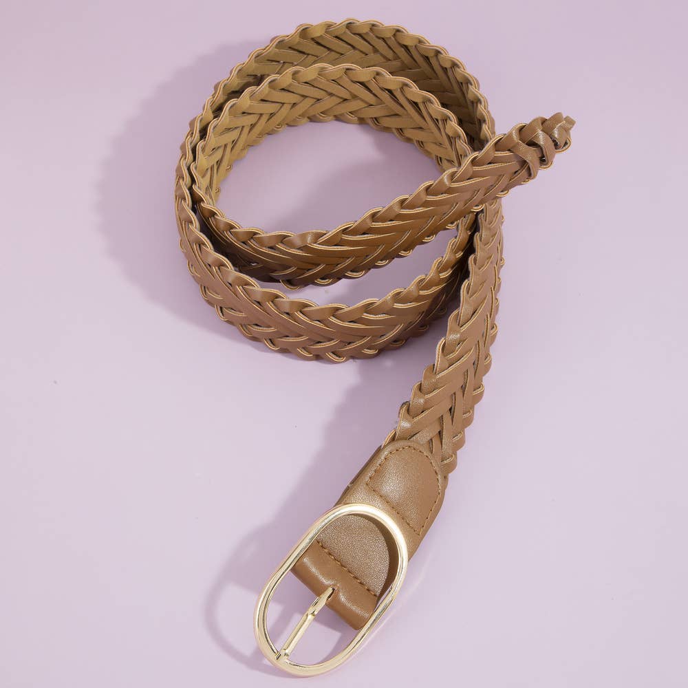 Wide Braided Vegan Leather Oval Buckle Belt