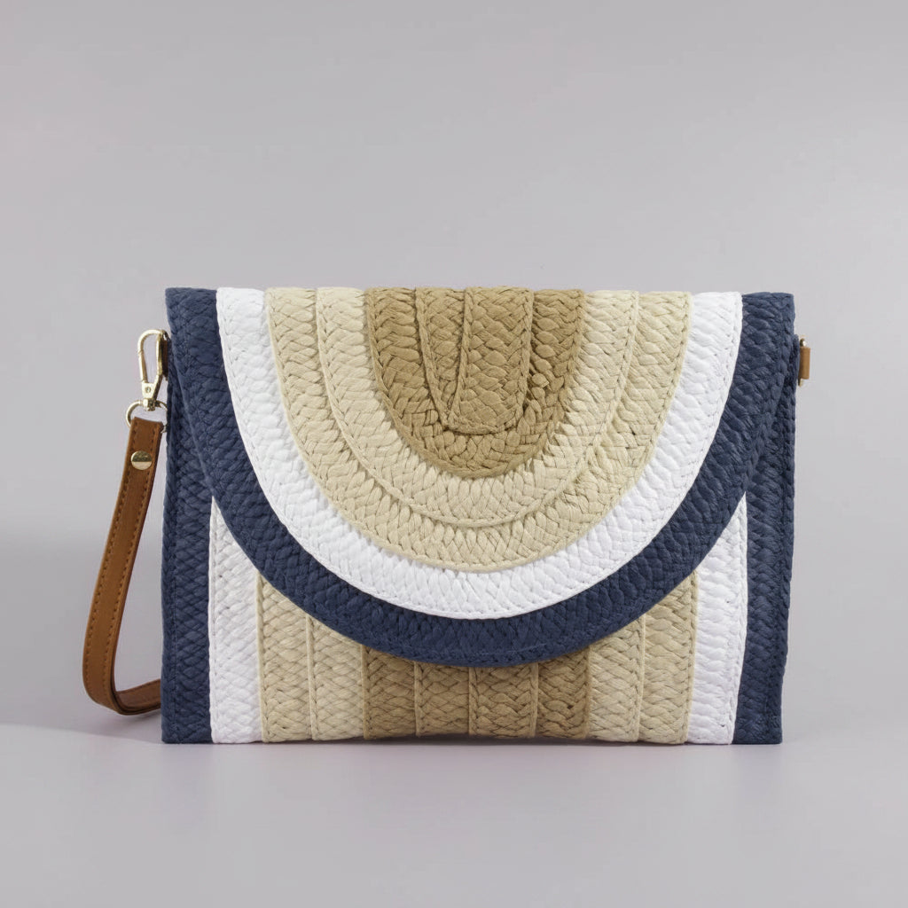 Woven clutch bag with concentric circle design on a light purple background