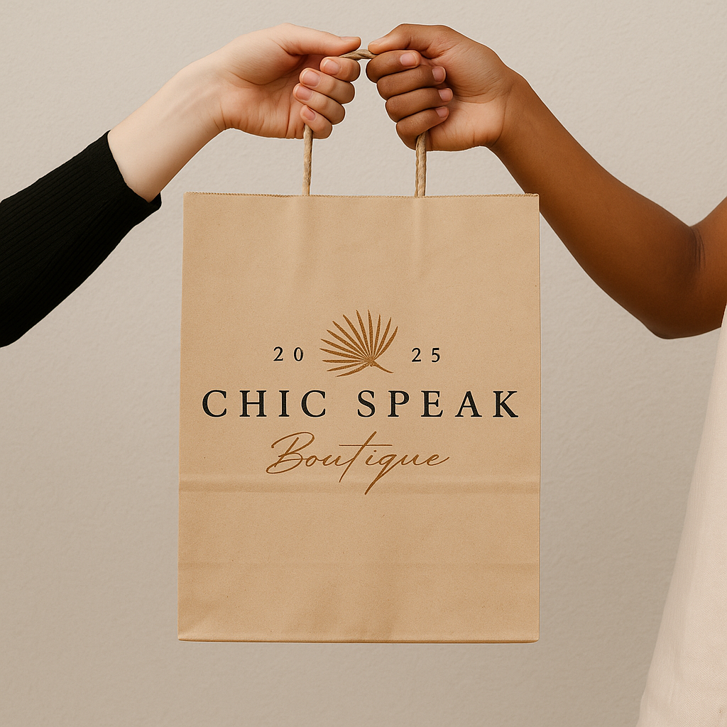 Chic Speak Boutique gift card displayed in a shopping bag, ideal for gifting at the fashion boutique.