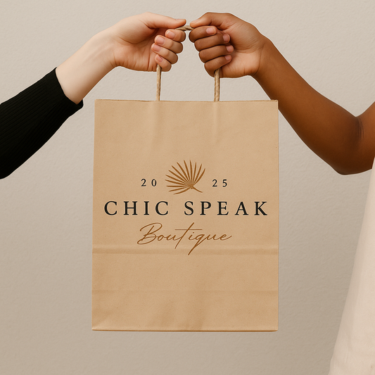 Chic Speak Boutique gift card displayed in a shopping bag, ideal for gifting at the fashion boutique.