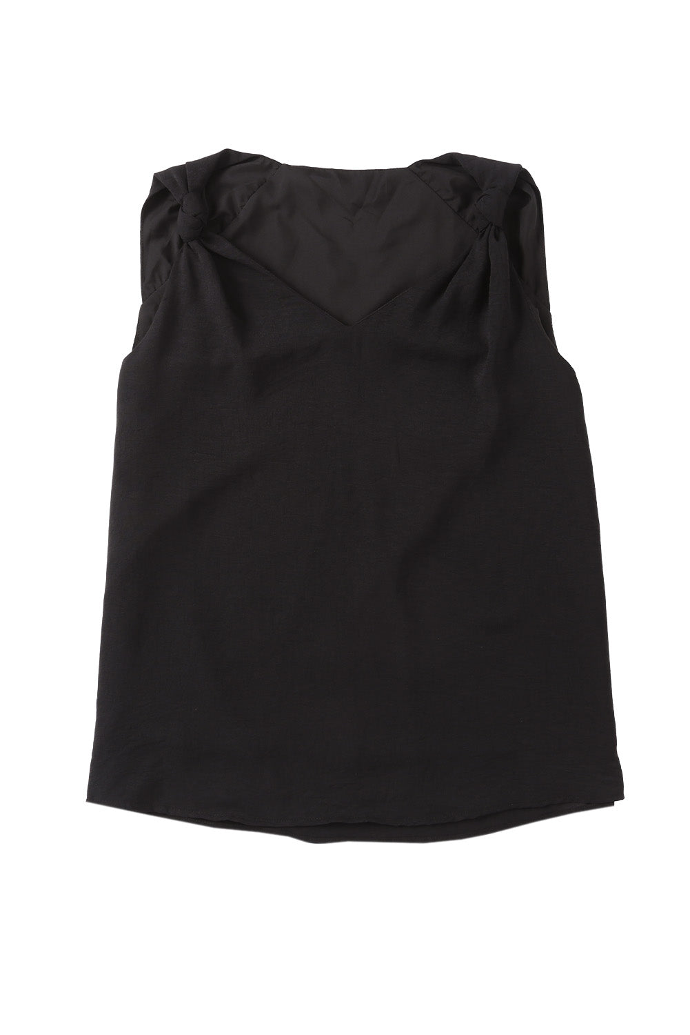 Black V-neck sleeveless shirt by Chic Speak Boutique, showing a close-up of the stylish top with smooth fabric and a V-neck design.