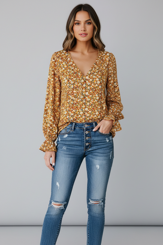 Orange Floral Ruffled Bubble Sleeve V Neck Blouse