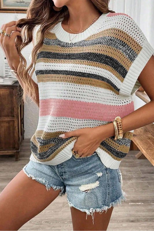 Pink stripe colorblock eyelet knit short sleeve sweater tee from Chic Speak Boutique, showing its vibrant pattern and lightweight fabric.