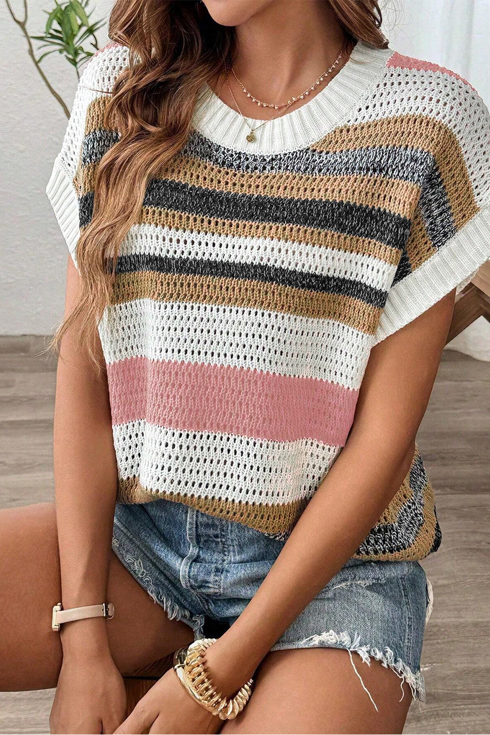 Pink stripe colorblock eyelet knit short sleeve sweater tee from Chic Speak Boutique showing a casual, stylish knit top with eyelet details.