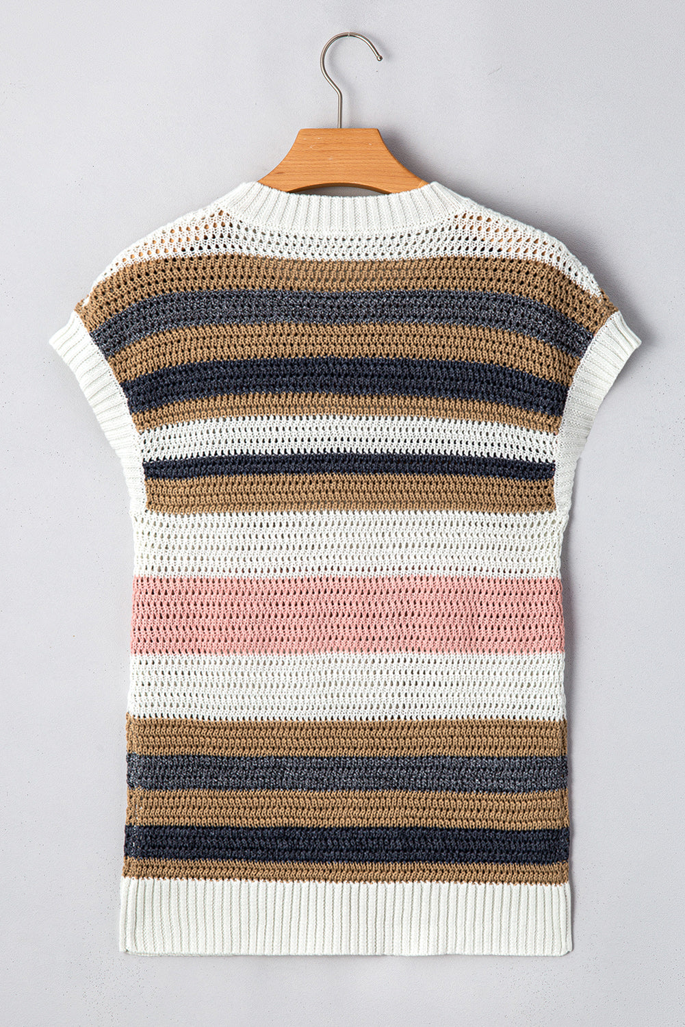 Pink stripe colorblock eyelet knit short sleeve sweater tee from Chic Speak Boutique, featuring eyelet details and casual style.