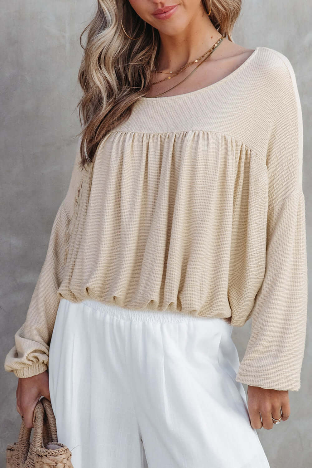 Chic Speak Boutique pleated long sleeve top in a stylish design, featuring a fitted silhouette and elegant fabric details.