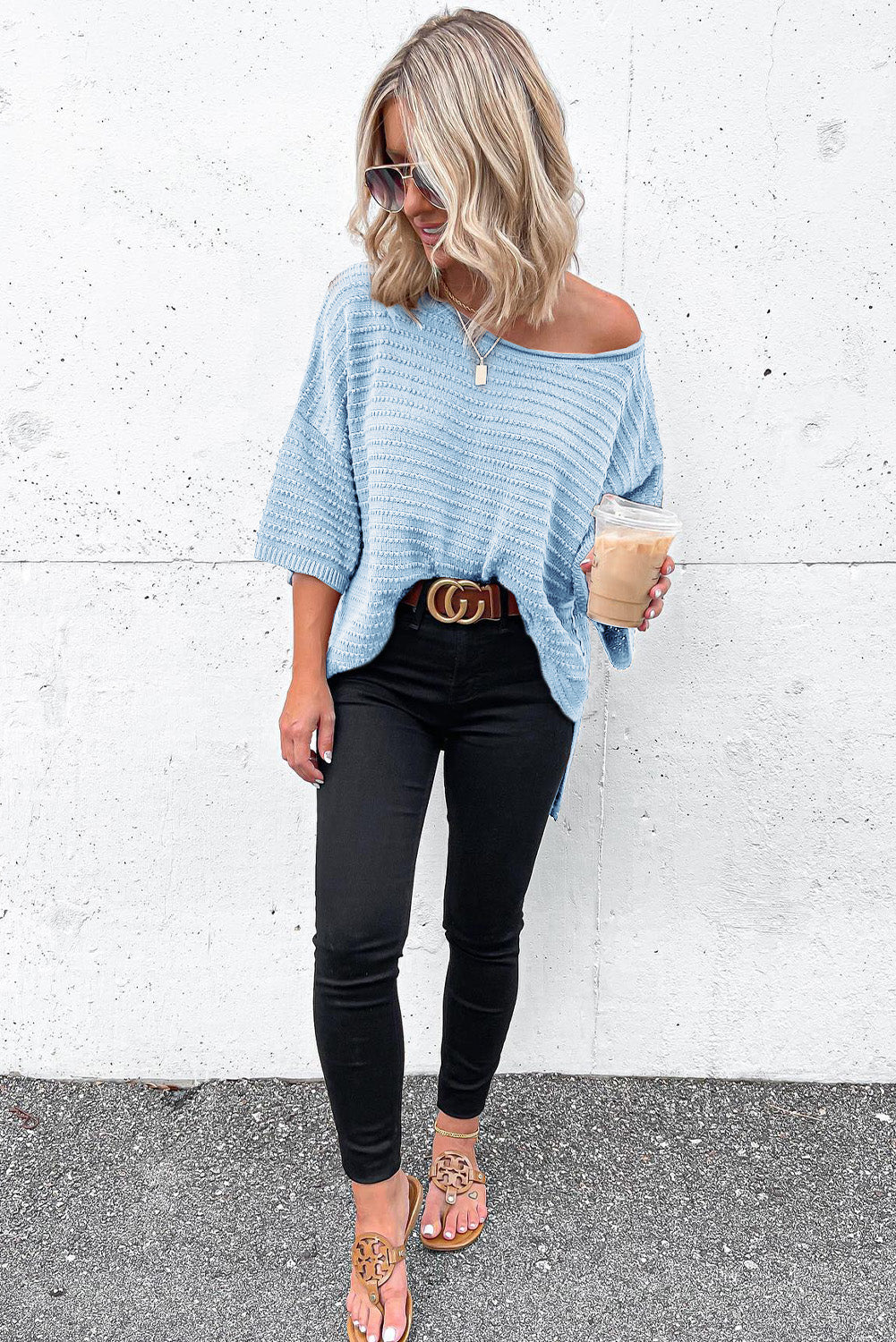 Sky blue rib knit top with drop sleeves and side slits, designed by Chic Speak Boutique, featuring a solid color and stylish fit.