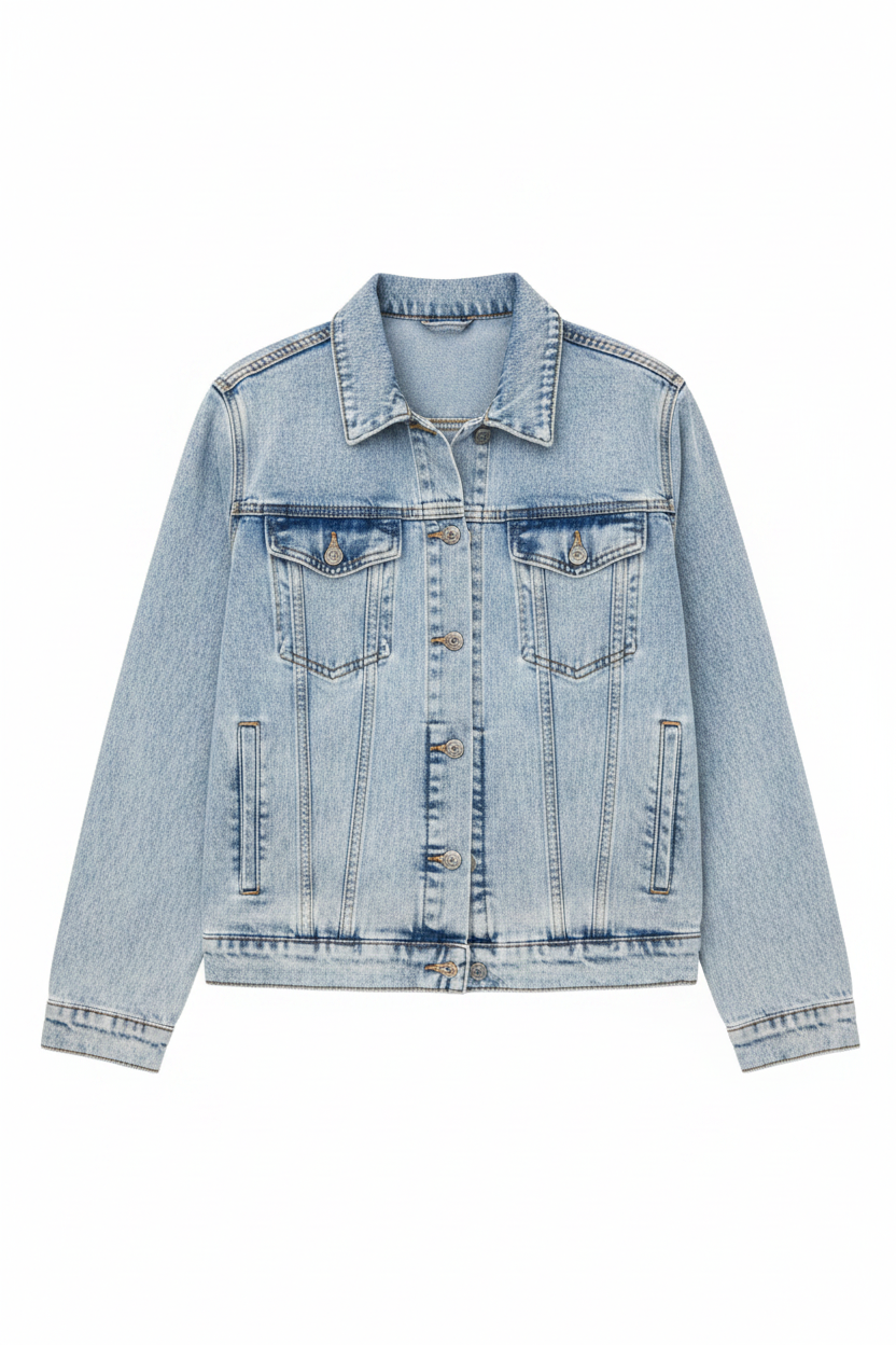 Beau Blue vintage washed denim jacket with flap pockets, stylish and casual, from Chic Speak Boutique.