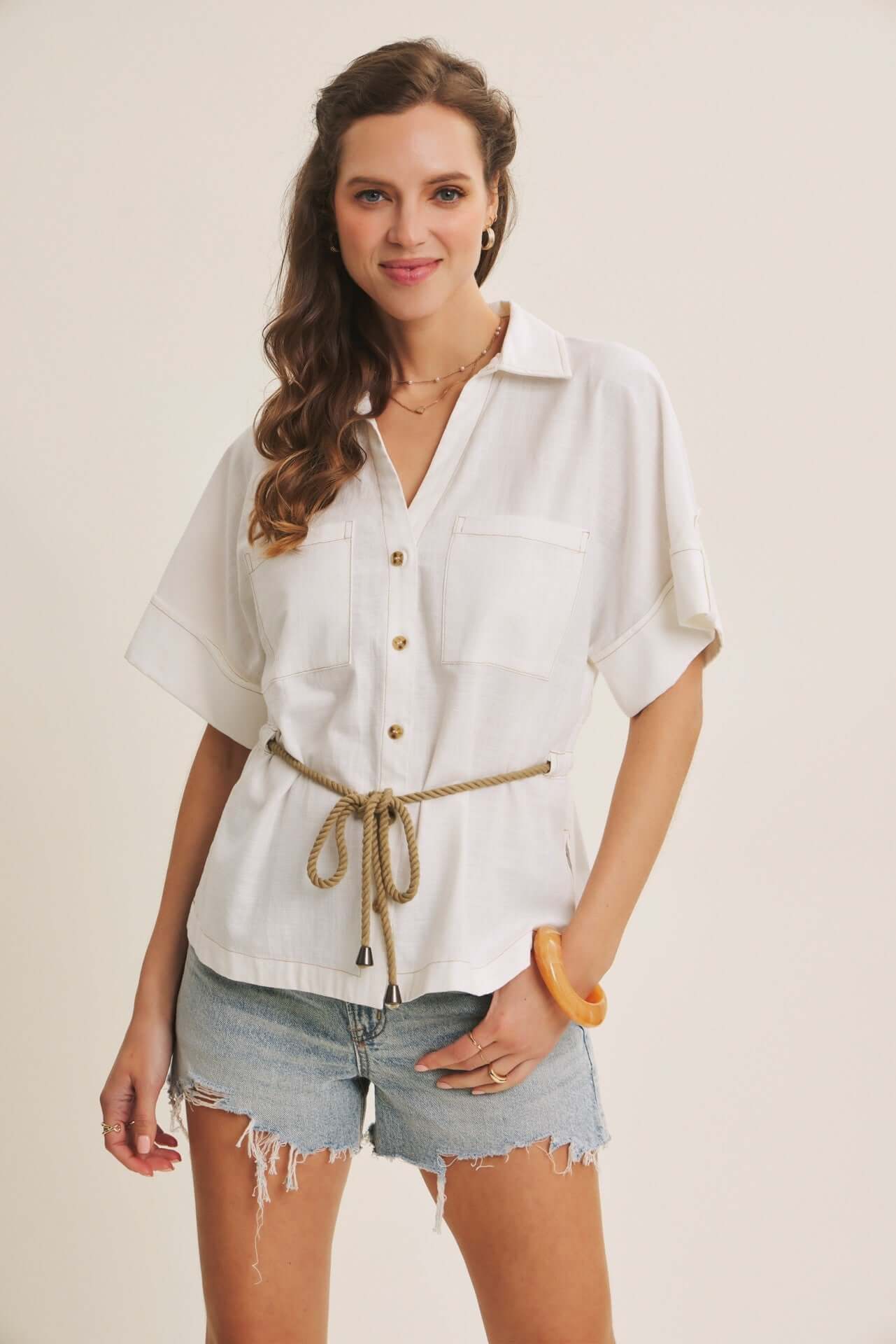 Cotton linen drawstring shirt with rope tie detail, casual stylish top from Chic Speak Boutique.
