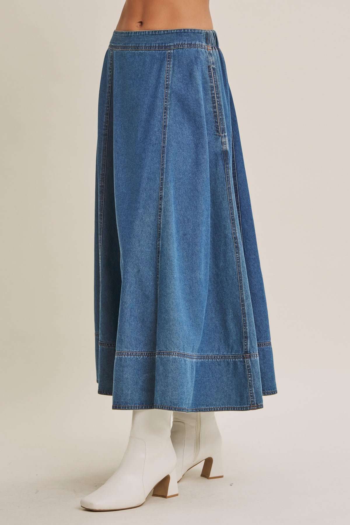 Denim Stretch Waist Pocket Skirt