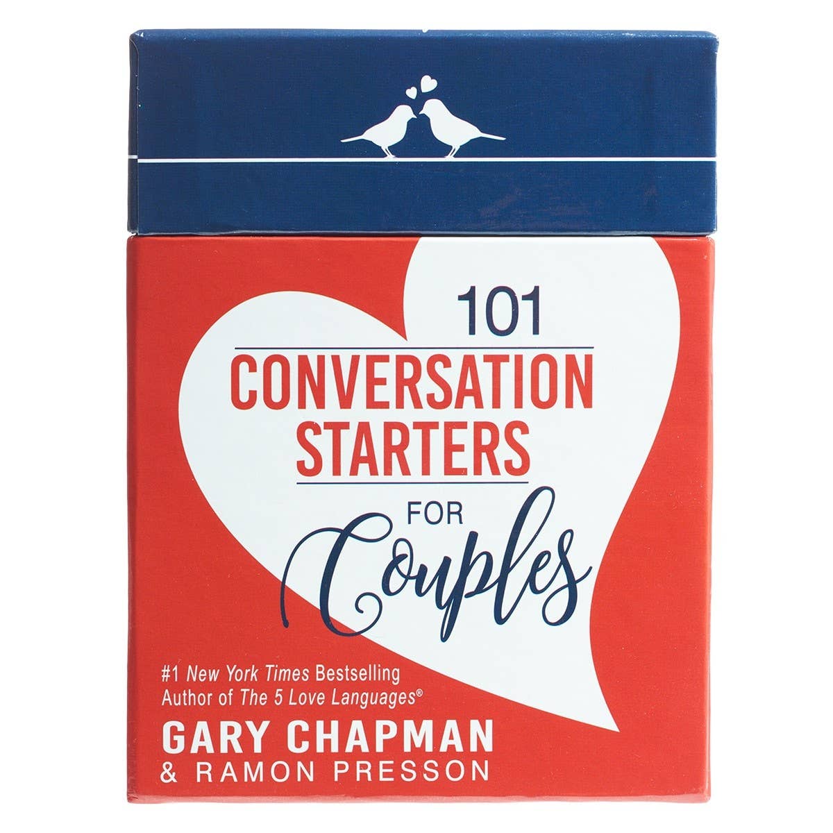 Open page of "101 Conversation Starters for Couples" by Christian Art Gifts, showing colorful cards with questions for couples.