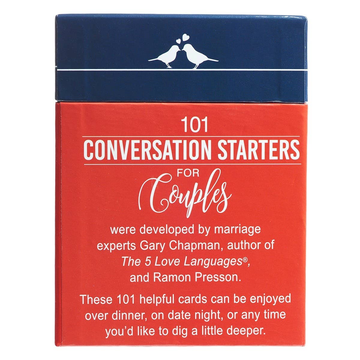 Open box of 101 Conversation Starters for Couples by Christian Art Gifts, featuring cards with engaging questions for couples.