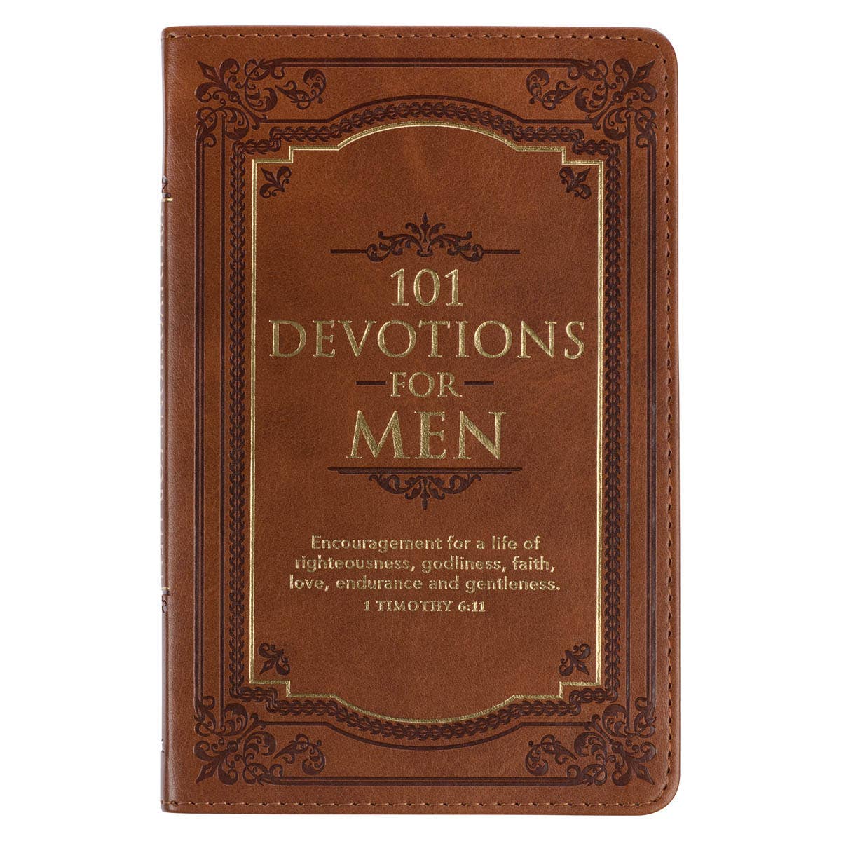 Open Christian Art Gifts "101 Devotions for Men" book with pages showing devotional text and reflections inside.
