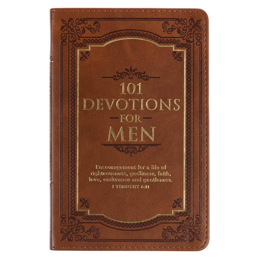 Open Christian Art Gifts "101 Devotions for Men" book with pages showing devotional text and reflections inside.