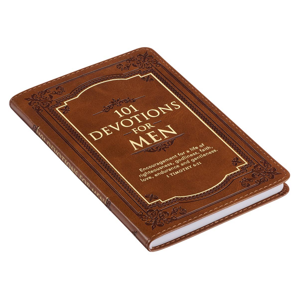 Open devotional book titled "101 Devotions for Men" by Christian Art Gifts, featuring pages with scripture and reflections.