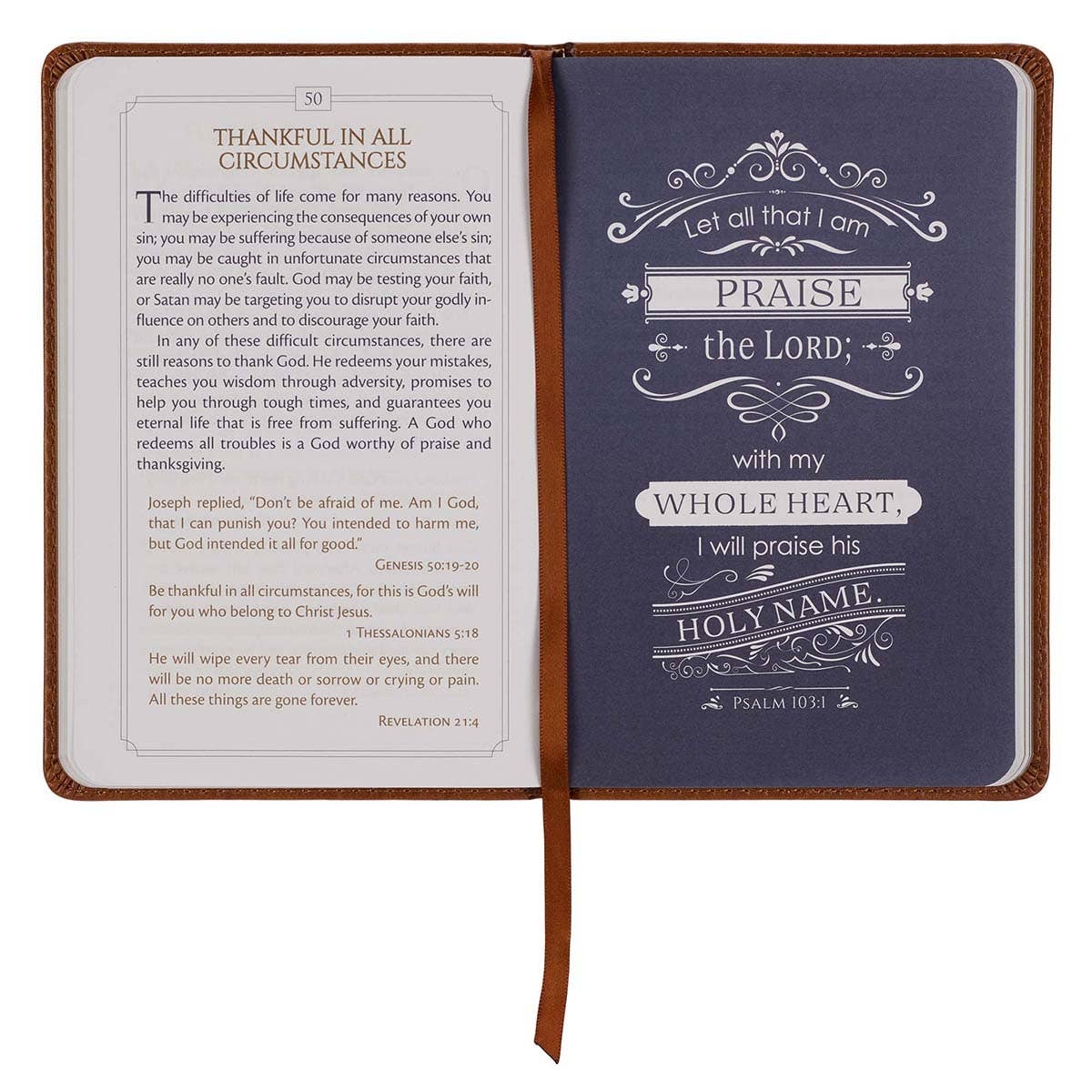 Open Christian book titled "101 Devotions for Men" by Christian Art Gifts with a leather cover and gold embossed lettering.