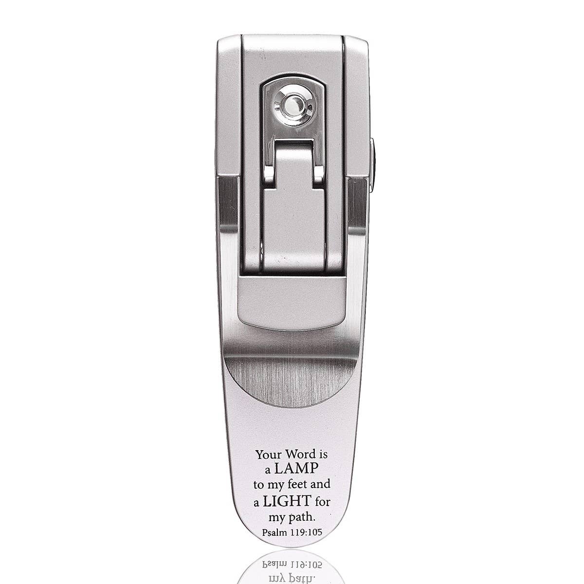 Silver book light with Psalm 119:105 Bible verse, Christian Art Gifts lamp designed for reading and spiritual inspiration.