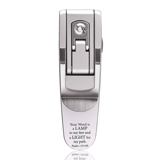 Silver book light with Psalm 119:105 Bible verse, Christian Art Gifts lamp designed for reading and spiritual inspiration.