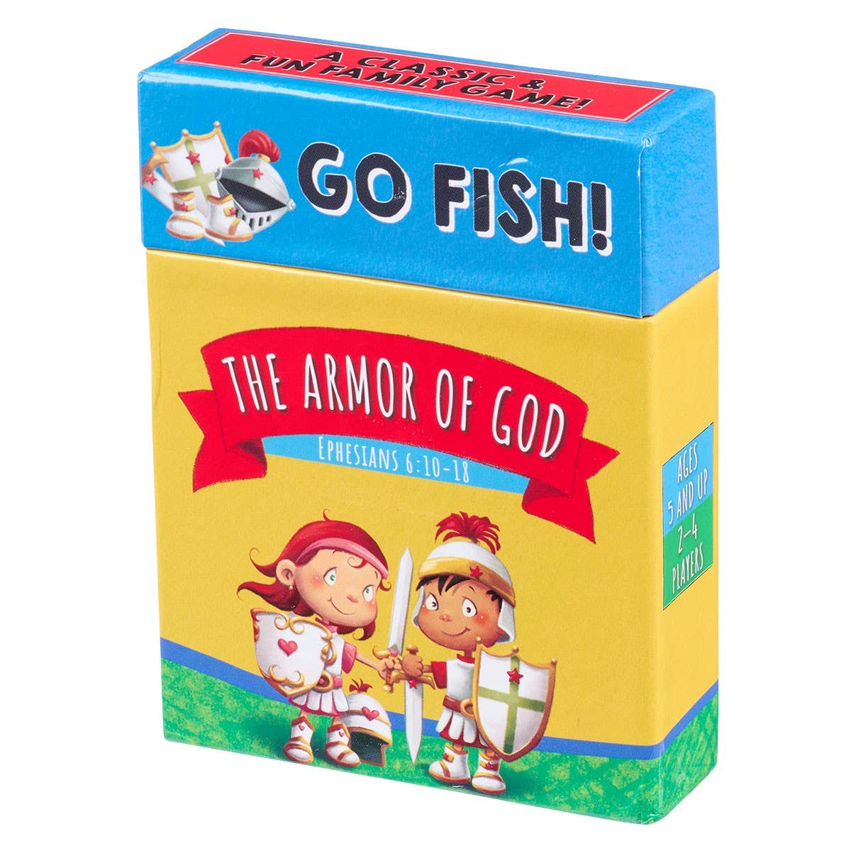 Christian Art Gifts Go Fish! Card Box featuring The Armor of God design, durable card storage with biblical artwork.