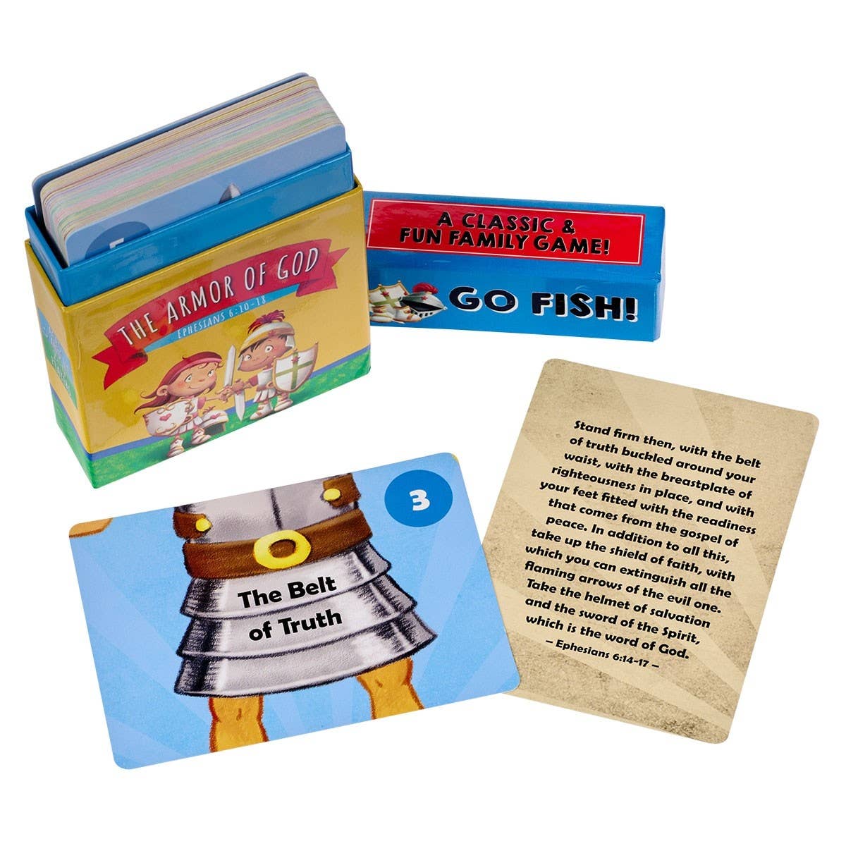 Christian Art Gifts Go Fish! Card Box featuring The Armor of God design with colorful biblical illustrations and protective card storage.