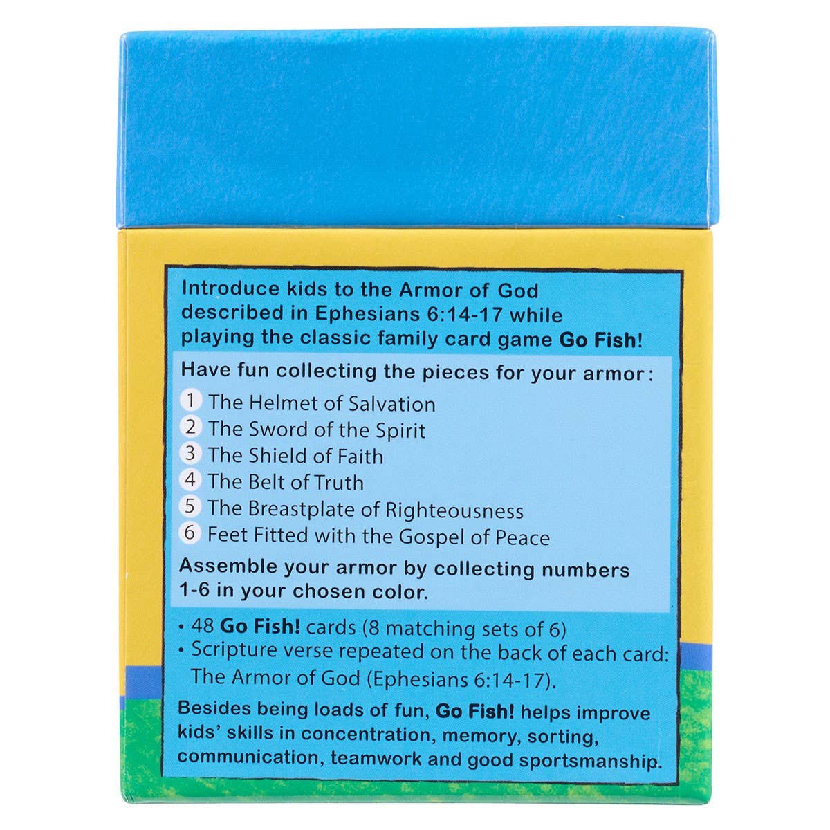 Go Fish! Card Box by Christian Art Gifts featuring armor of God design with colorful Christian artwork.