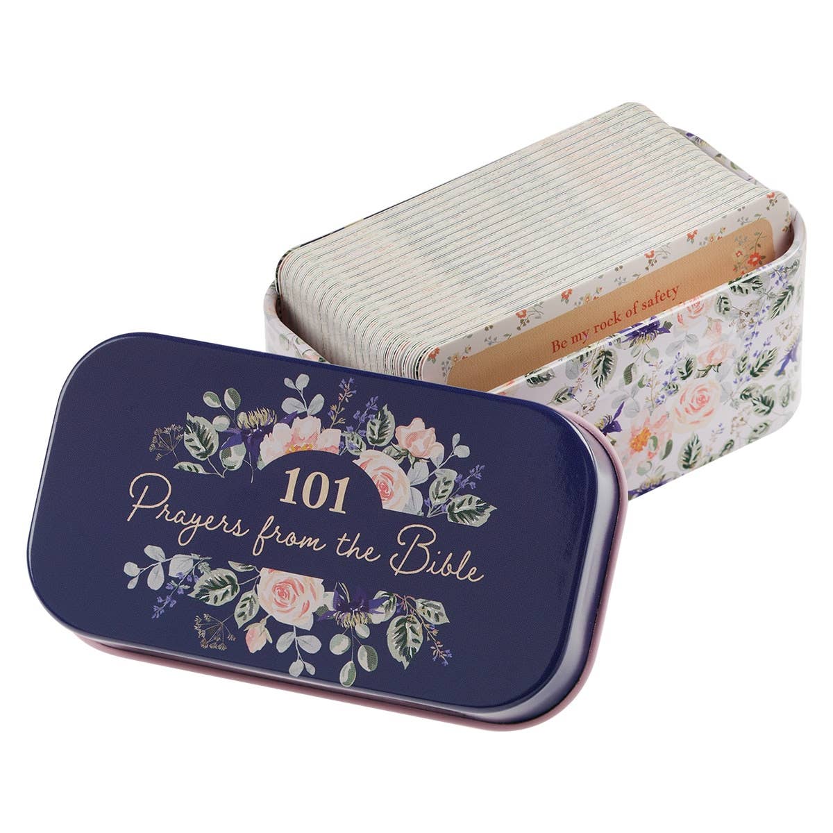 Set of prayer cards in a tin box featuring 101 Bible prayers, by Christian Art Gifts, with colorful card designs visible.