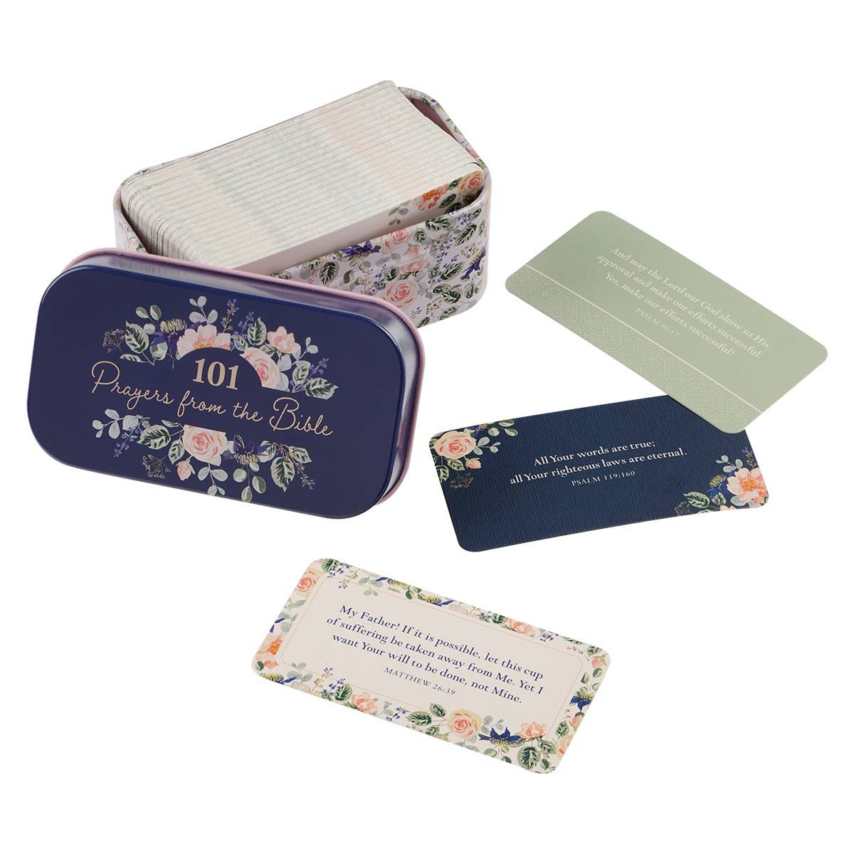 Cards in Tin 101 Prayers from the Bible by Christian Art Gifts, featuring colorful prayer cards inside a metal tin container.