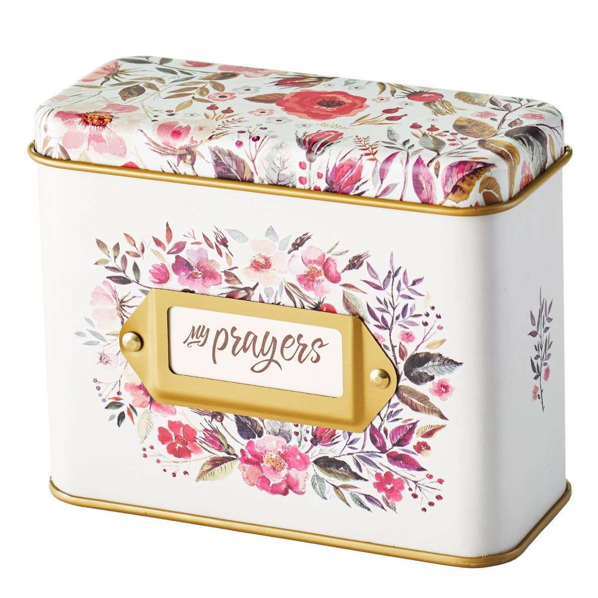 Set of prayer cards in a tin container from Christian Art Gifts, featuring inspirational religious messages and designs.