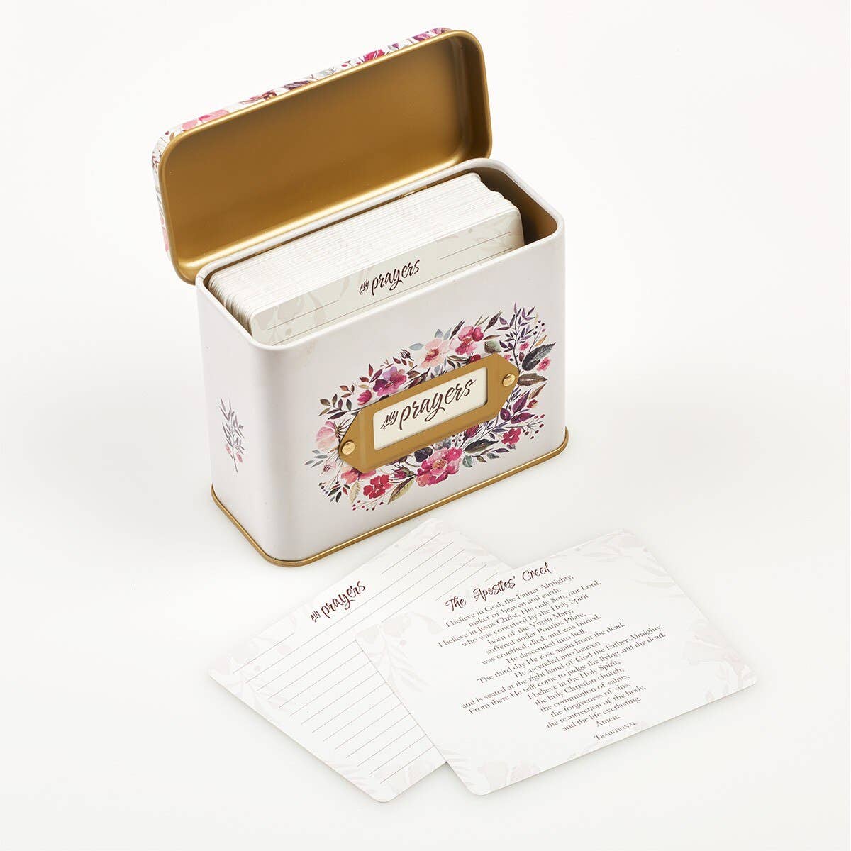 Christian Art Gifts Cards in Tin My Prayers set featuring prayer cards displayed inside a decorative metal tin.